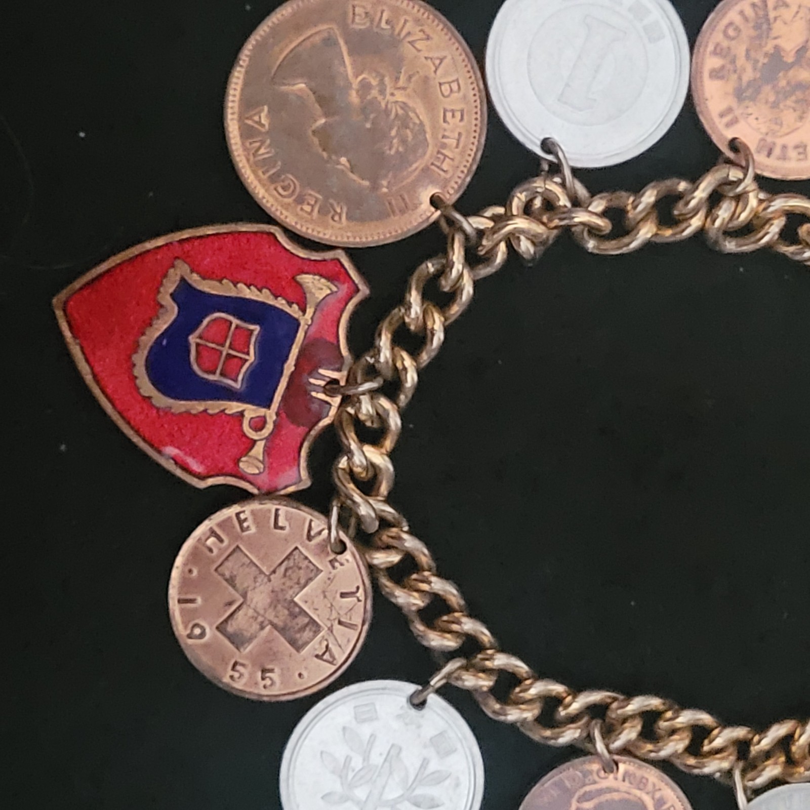 10 1930’s-1950’s Coins World Travel 6” Bracelet Can, Pak, Aut, Zaf, Jpn and Che