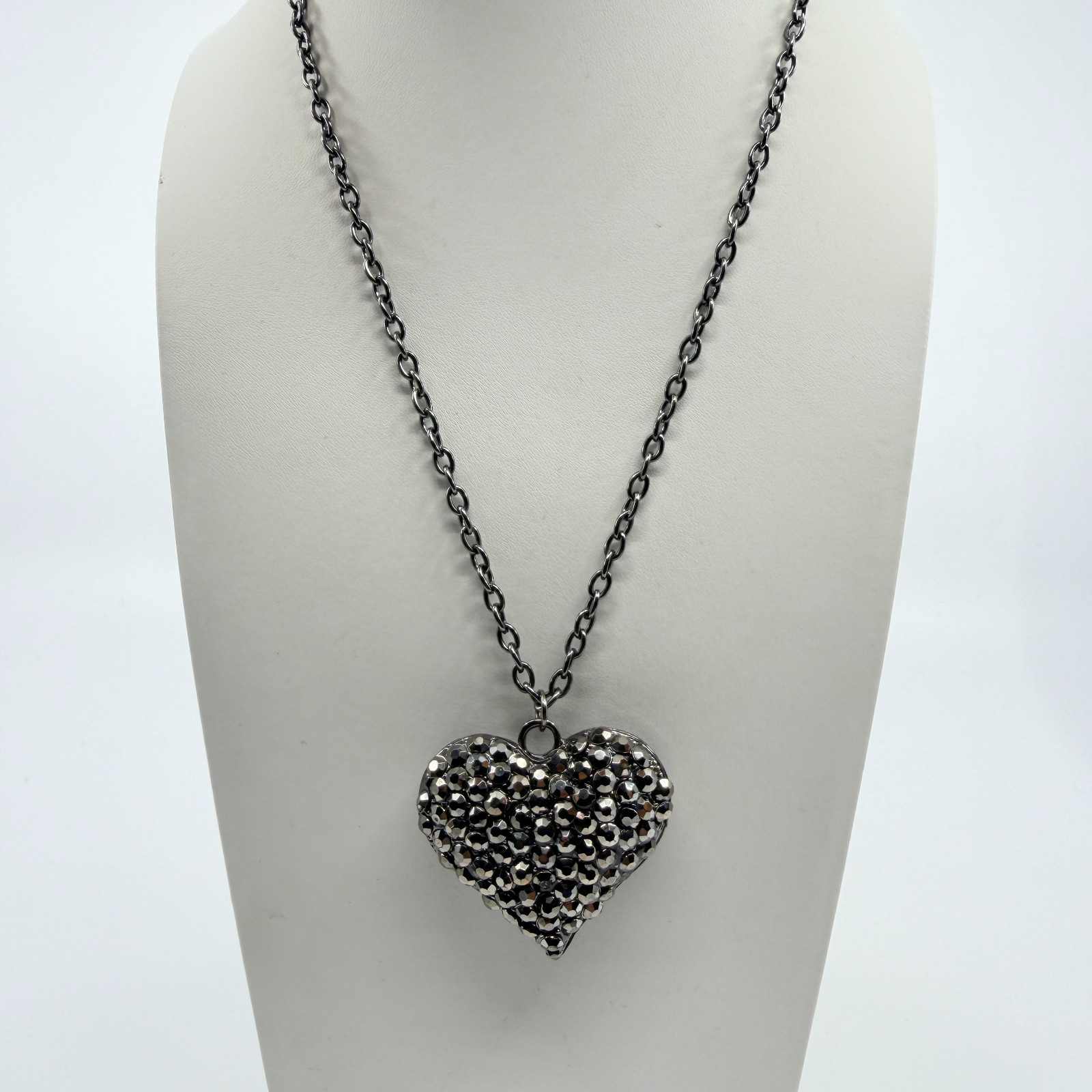 Vintage Y2K Gunmetal Pave Rhinestone Puffy Heart Pendant Necklace Grunge Goth