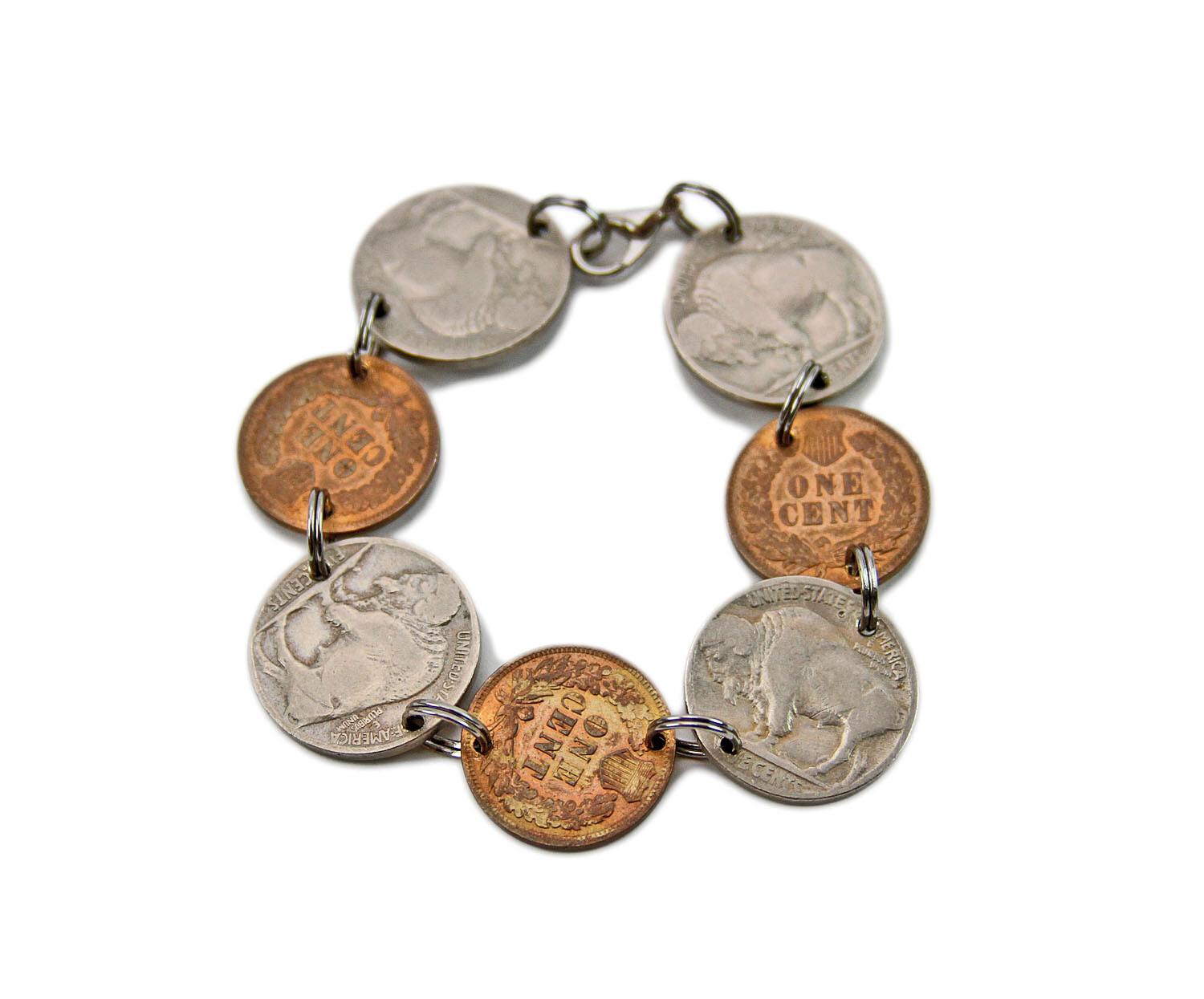 Vintage Antique 6.5″ Indian Head Penny, Buffalo Nickel Coin Jewelry Bracelet