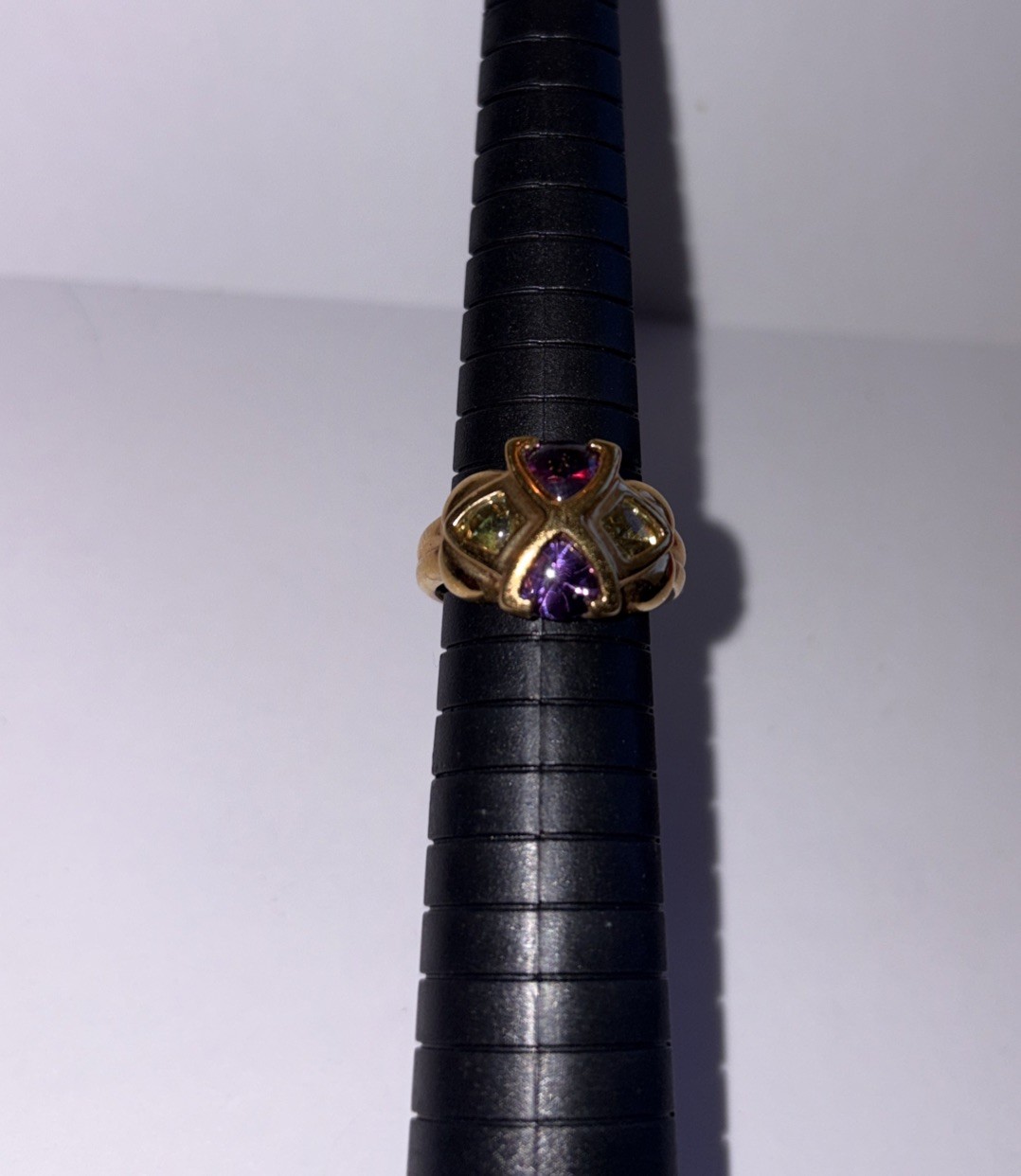 Purple Amethyst & Green Stone Ring Gold Plated Sterling Silver 925 Size 7