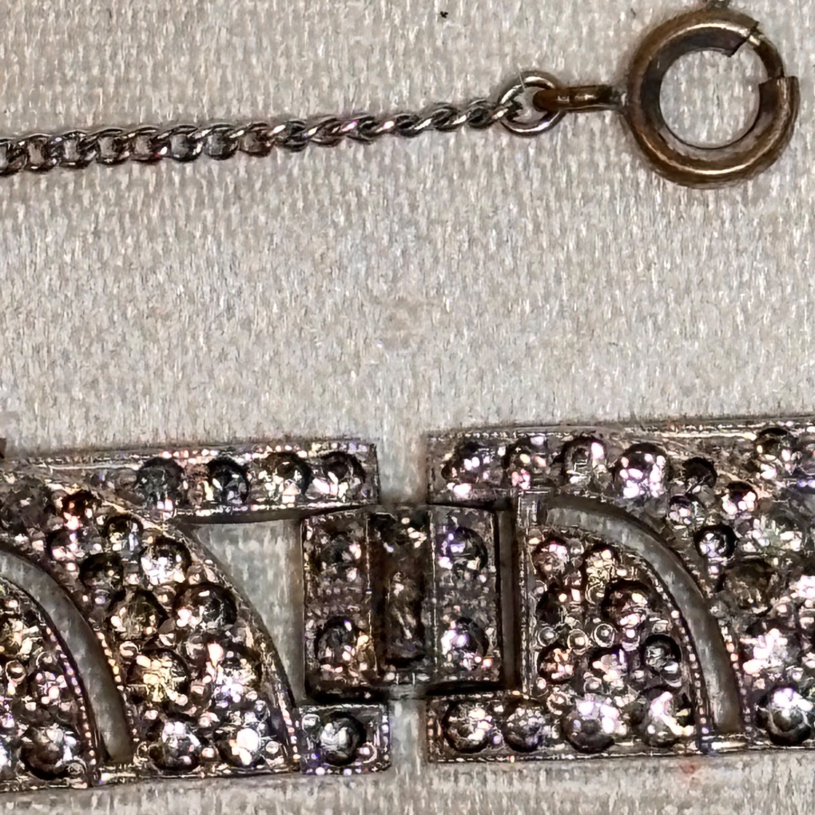 BRACELET rhinestone silvertone metal vintage fold over clasp safety chain
