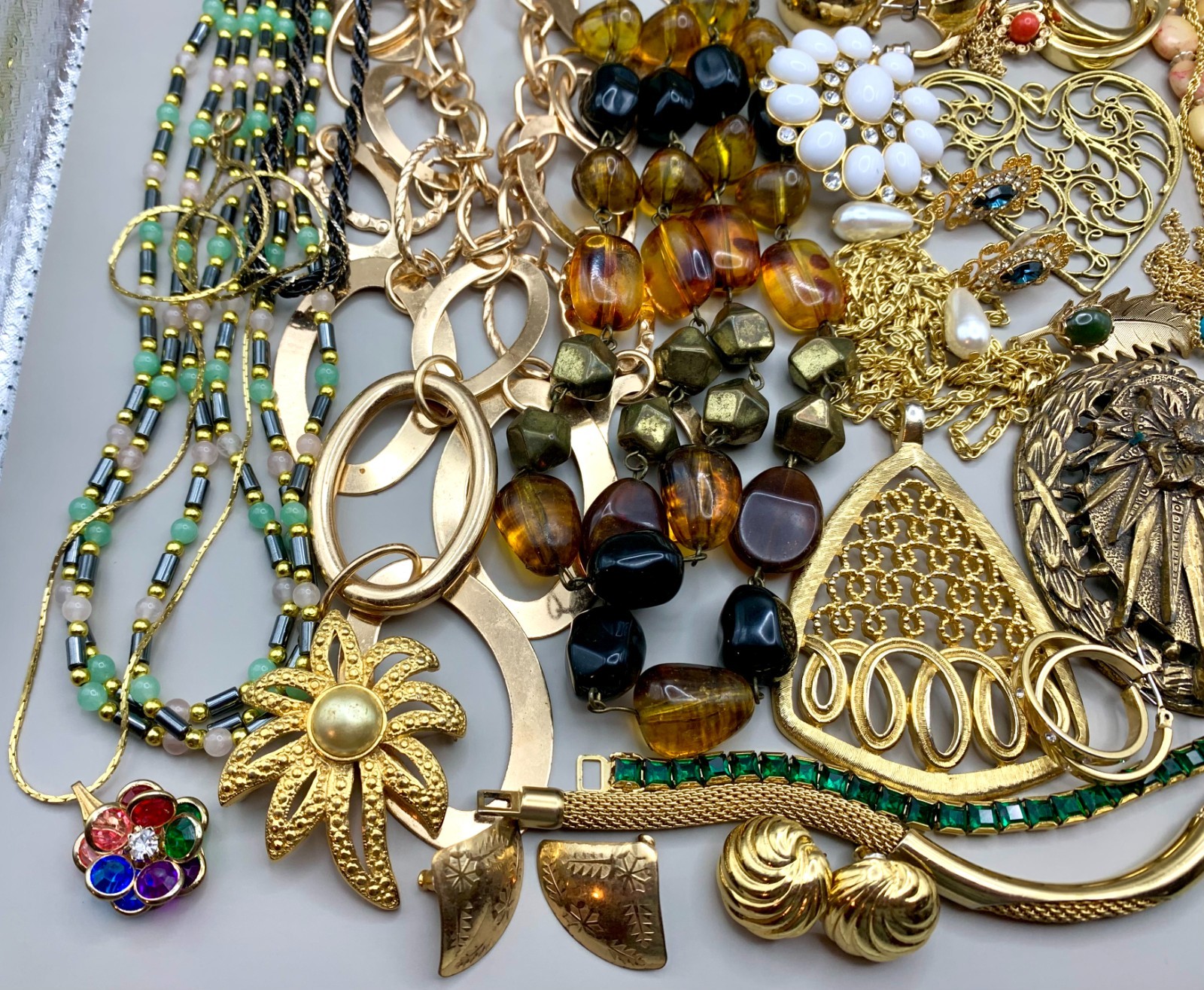 Vintage 41 Lot Gold Tone Jewelry Retro 1980s 90s Necklace Earrings Pin Bracelet