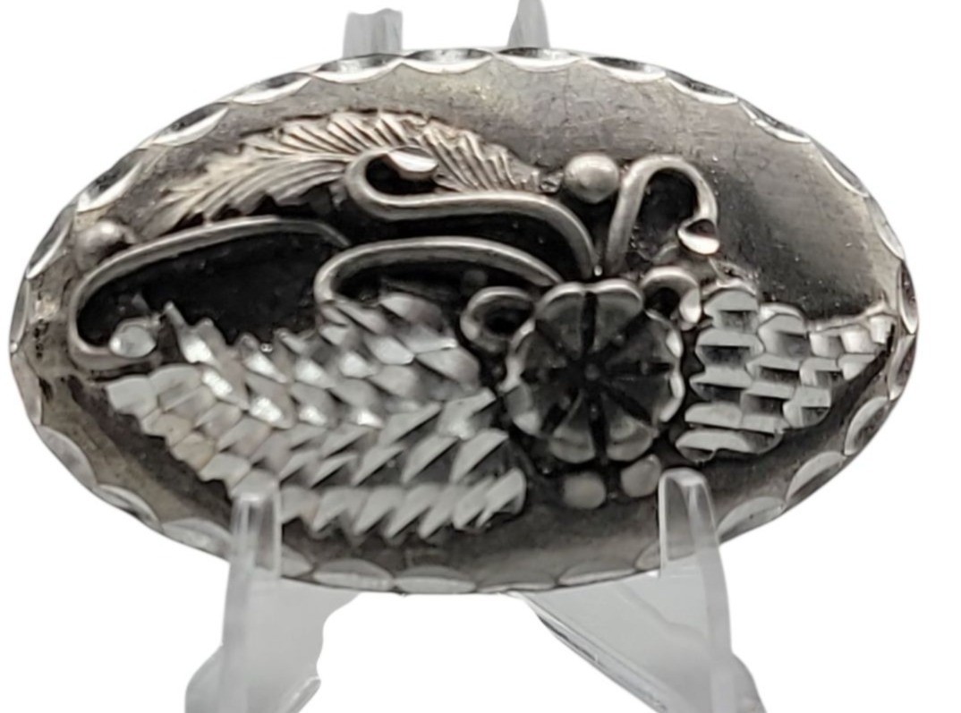 Vtg Oval Floral Feather Brooch Silver Plated Unmarked South Western Design