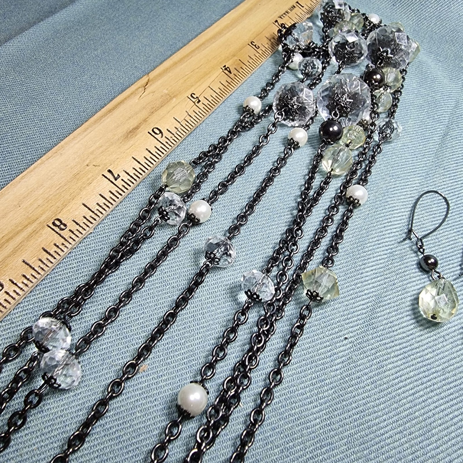 Vintage Set Necklace & Earrings Multi-Strand Black Cream Amber Tone Faux Pearl G