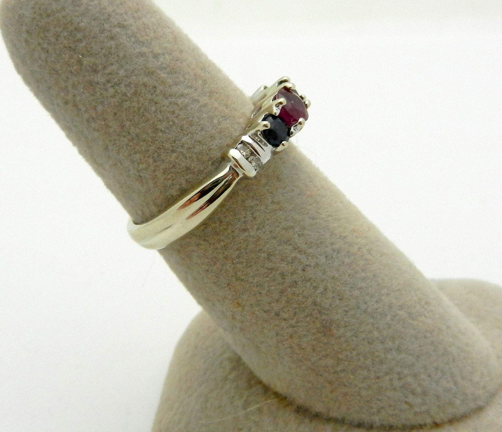 3-Stone Ruby, Sapphire Ring Band with Diamond Accents, Solid 14k Gold, size 6.25