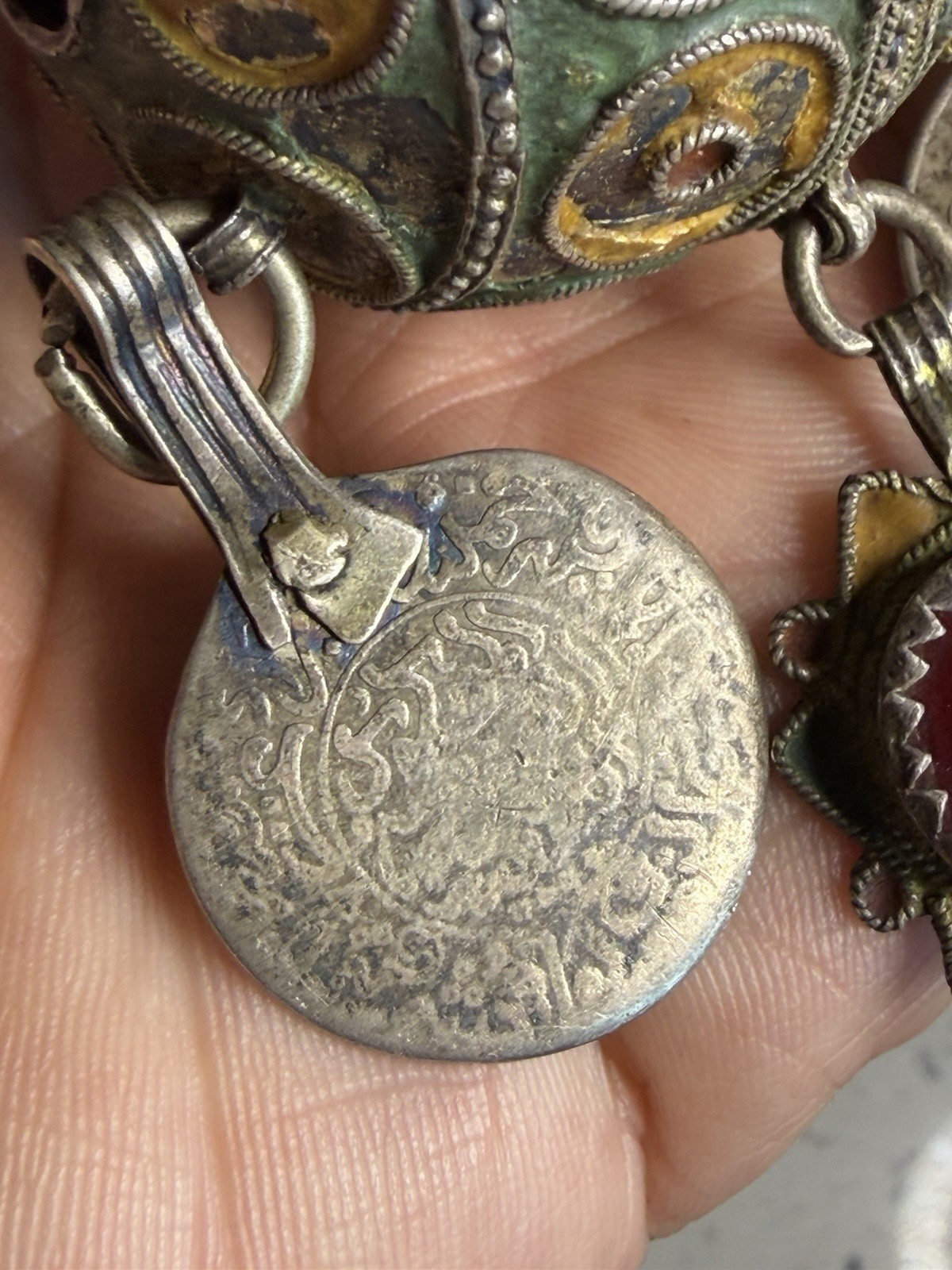 Antique Moroccan Enamel Silver Ball Pendent Necklace Coin Pendants Hand Crafted