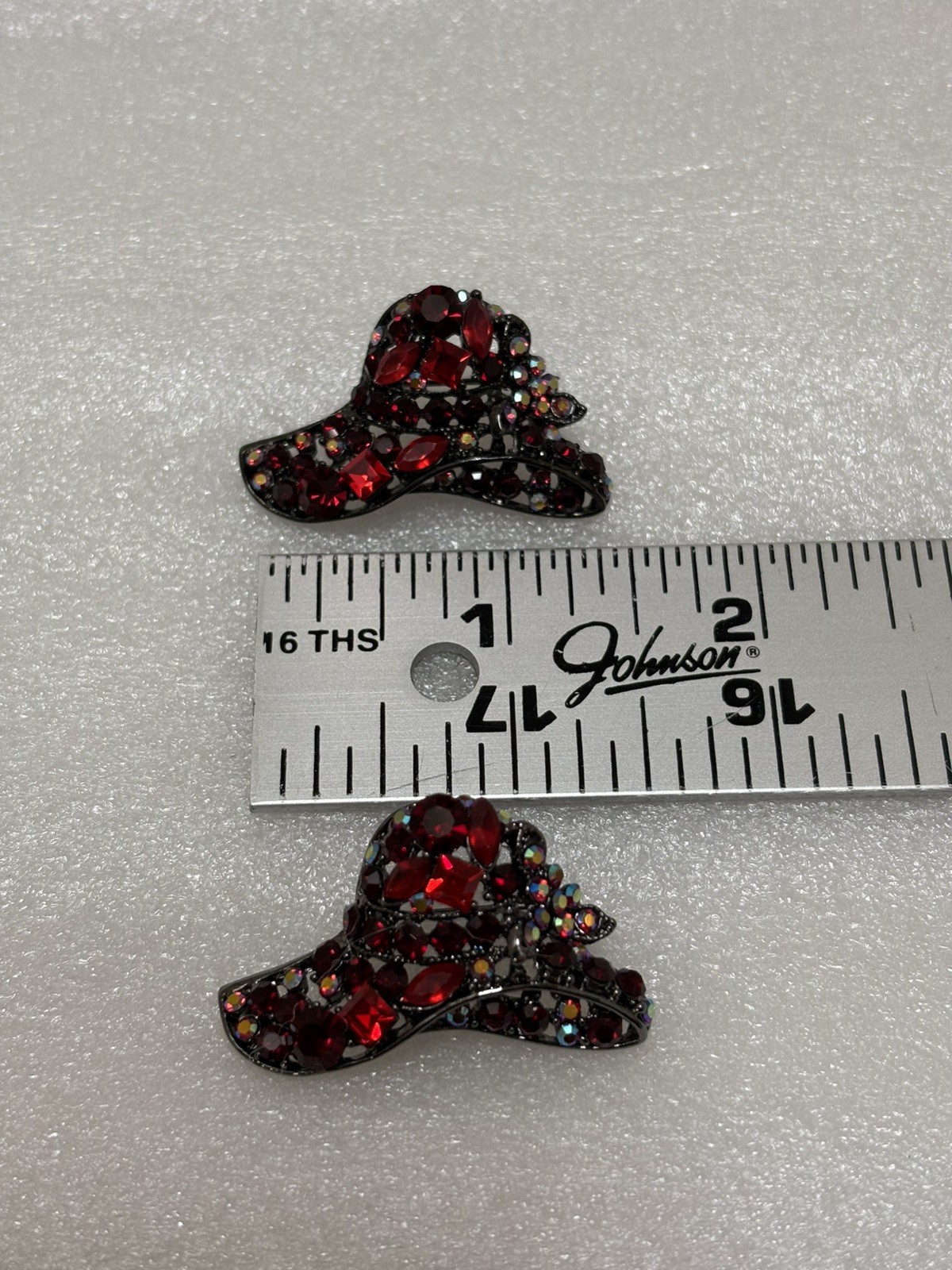 Vintage Red Iridescent Rhinestone Open Work Hat Brooch Pin Lot of 2 RHS Lovely