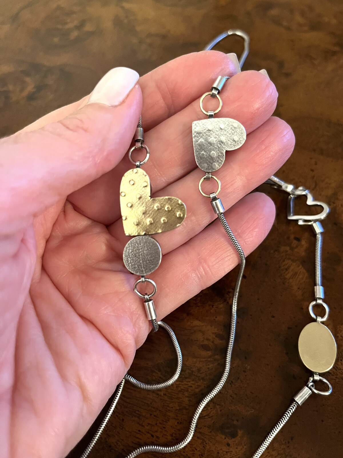 Vtg Estate Mid Century Modernist Textured Sterling Gold Hearts Station Necklace