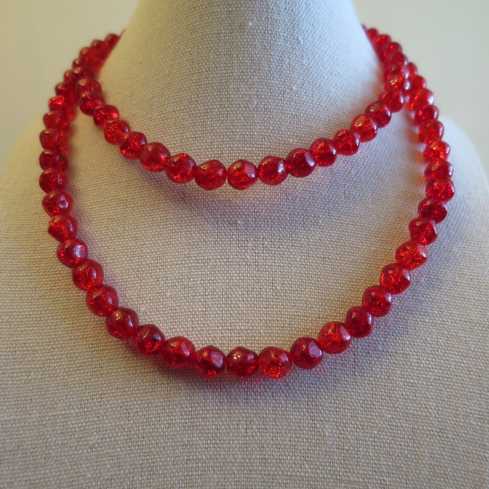 Lester Joy Red Glass Beads Beaded Necklace 29 inches Long 1960s Stunning Vintage