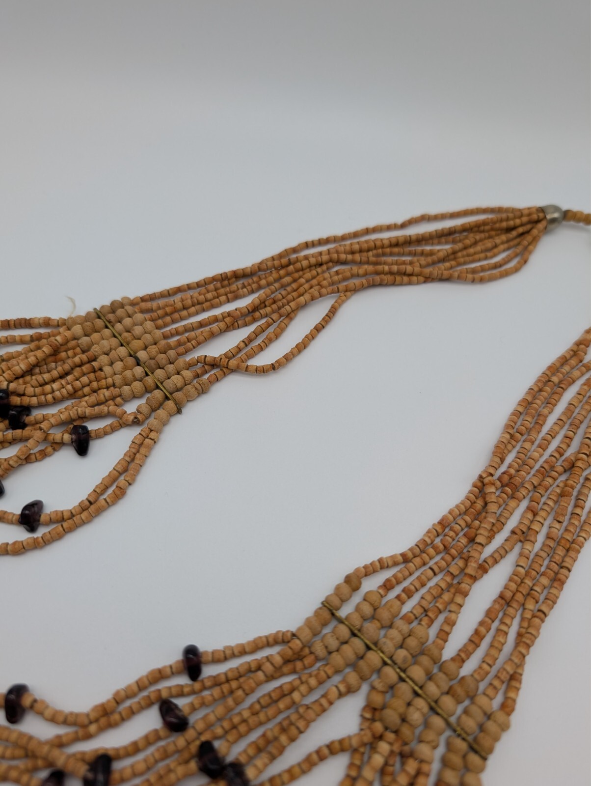 Vintage Boho Multi Strand Wooden Cork Purple Glass Beaded Statement Necklace
