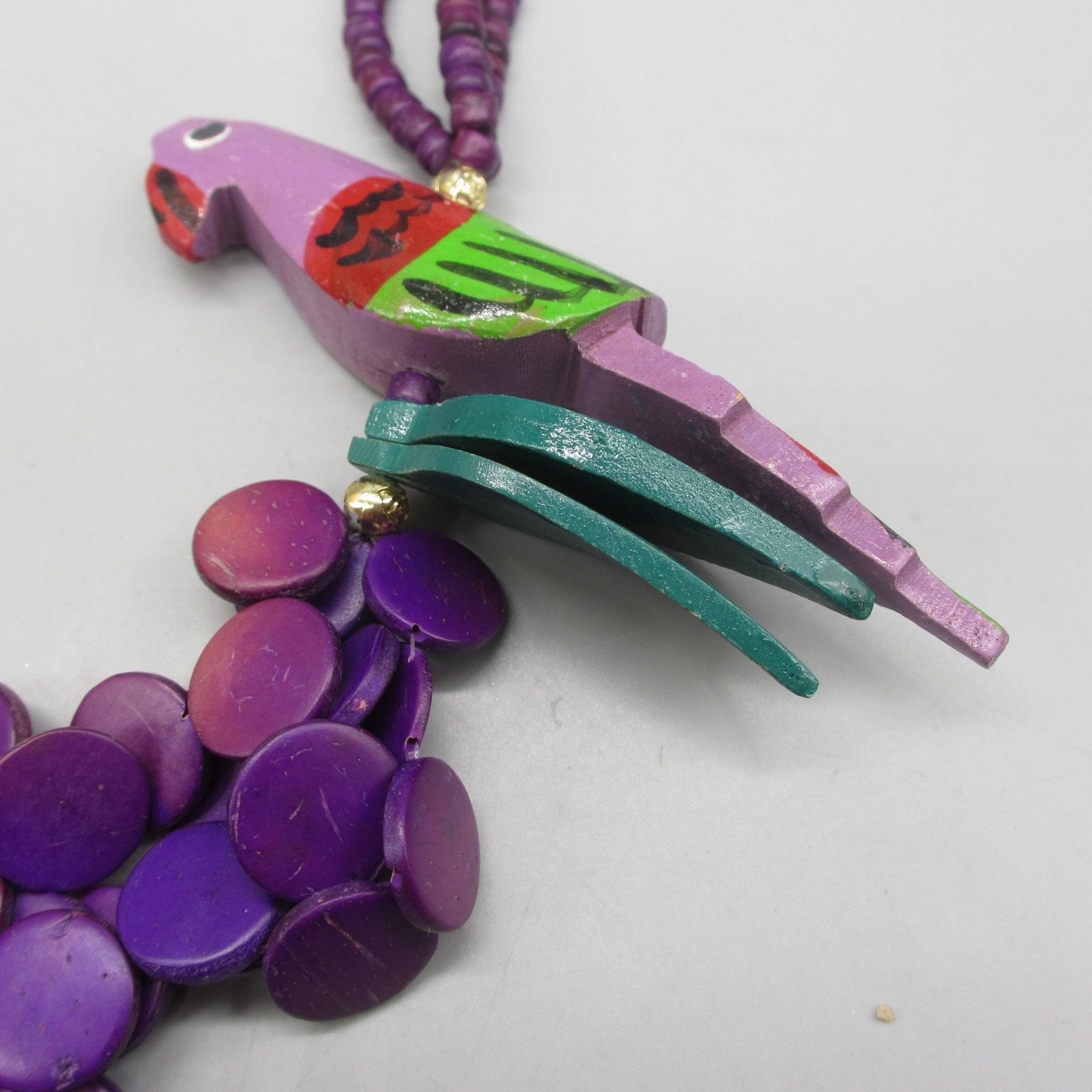 Vintage Parrot Necklace Wood Purple Discs Layered Bead Tropical Beachy 22 Inch