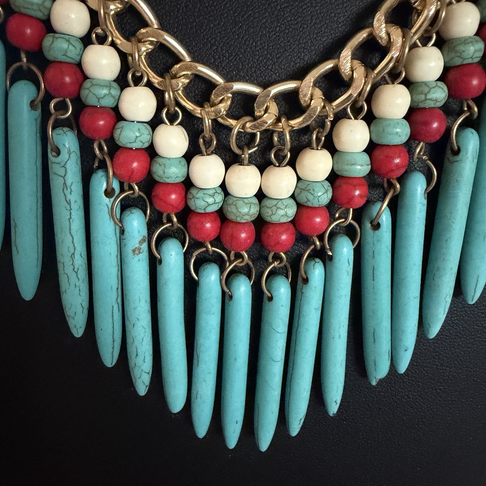 Faux Turquoise Red Coral Beaded Chain Fringe Bib Tribal Necklace Egyptian