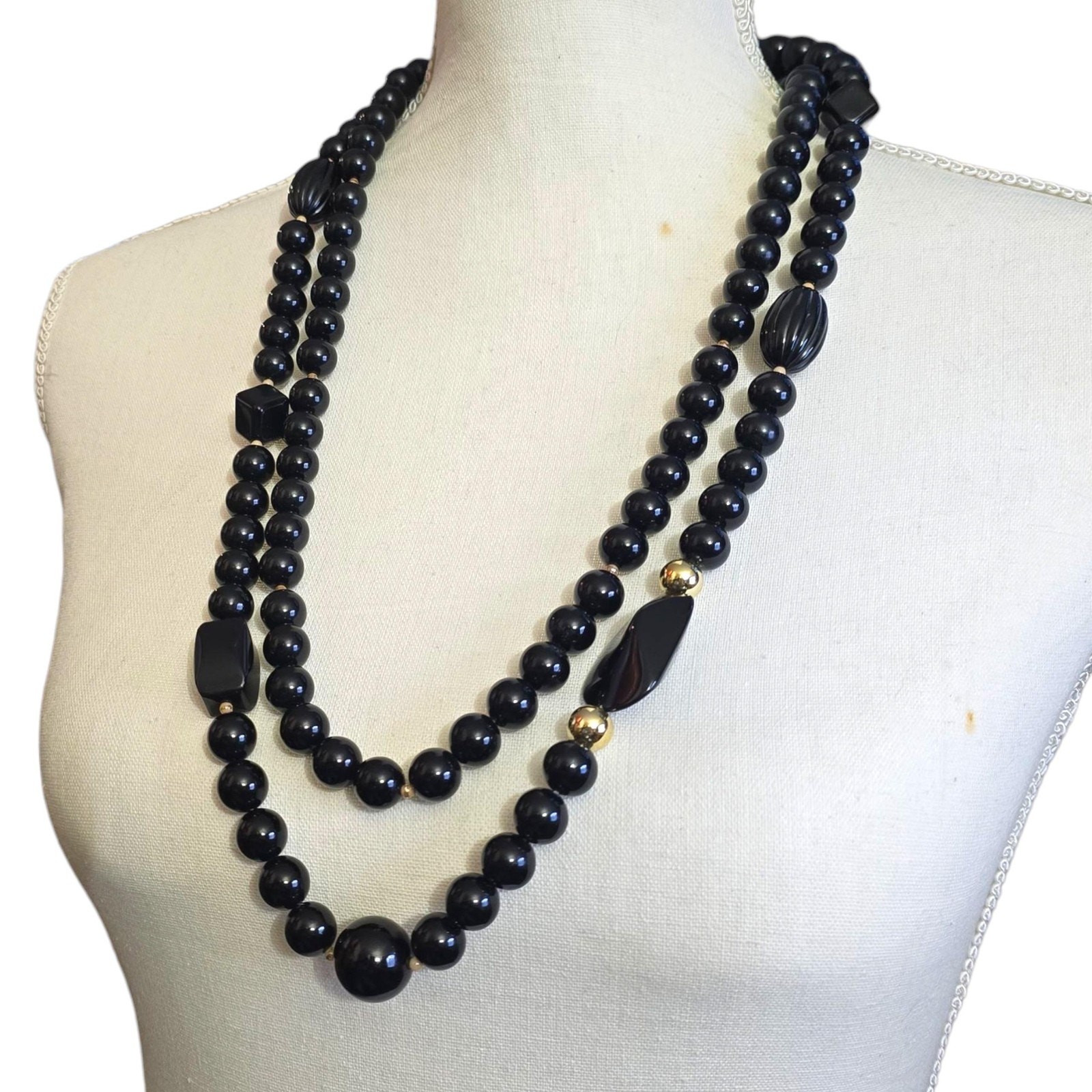 Vintage Necklace Black Beaded Gold Tone Clasp Double Strand 26″ SKU2510