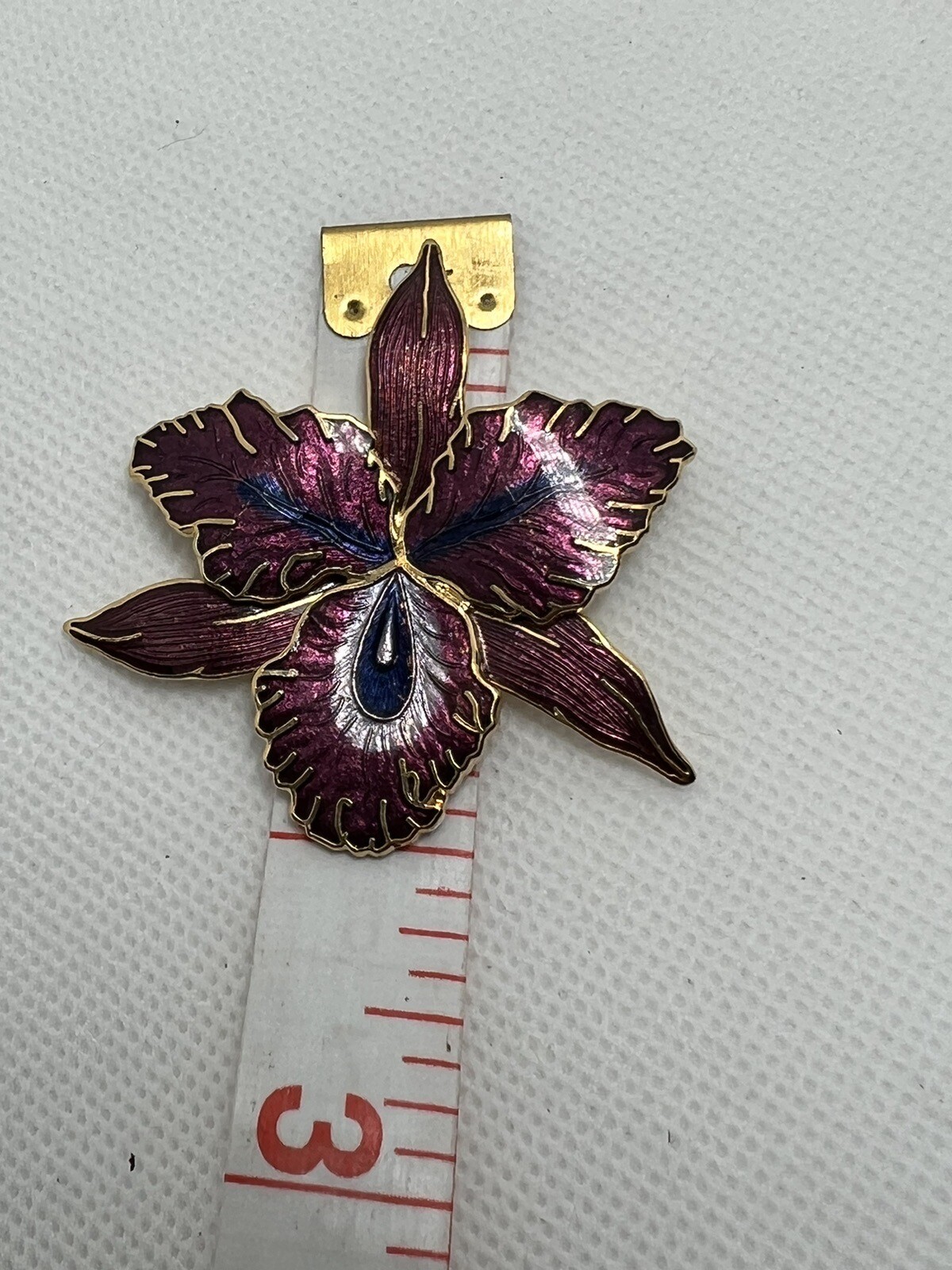 Large Gold Tone & Purple Enamel Orchid Brooch Pin STATEMENT PIECE signed M jewel