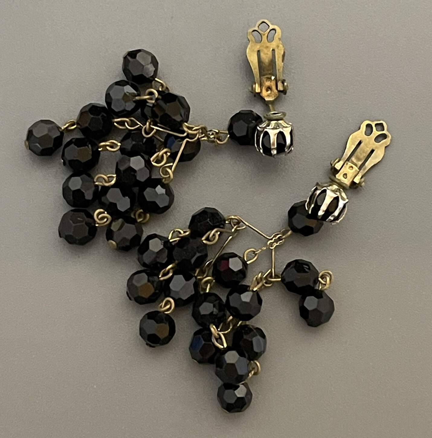Vintage Faceted Jet Black Glass Bead Necklace West Germany – Clip On Earrings