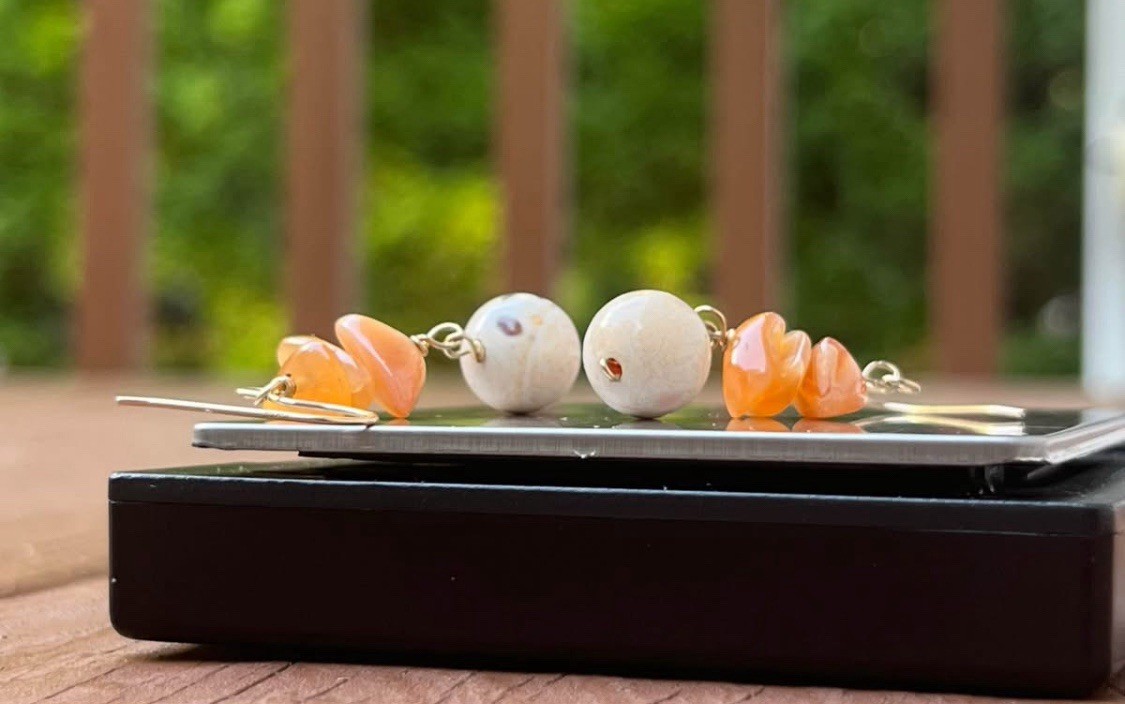 14K GF 🍊 Orange Cream Marble Dangle Gemstone Vintage Gold Filled Earrings