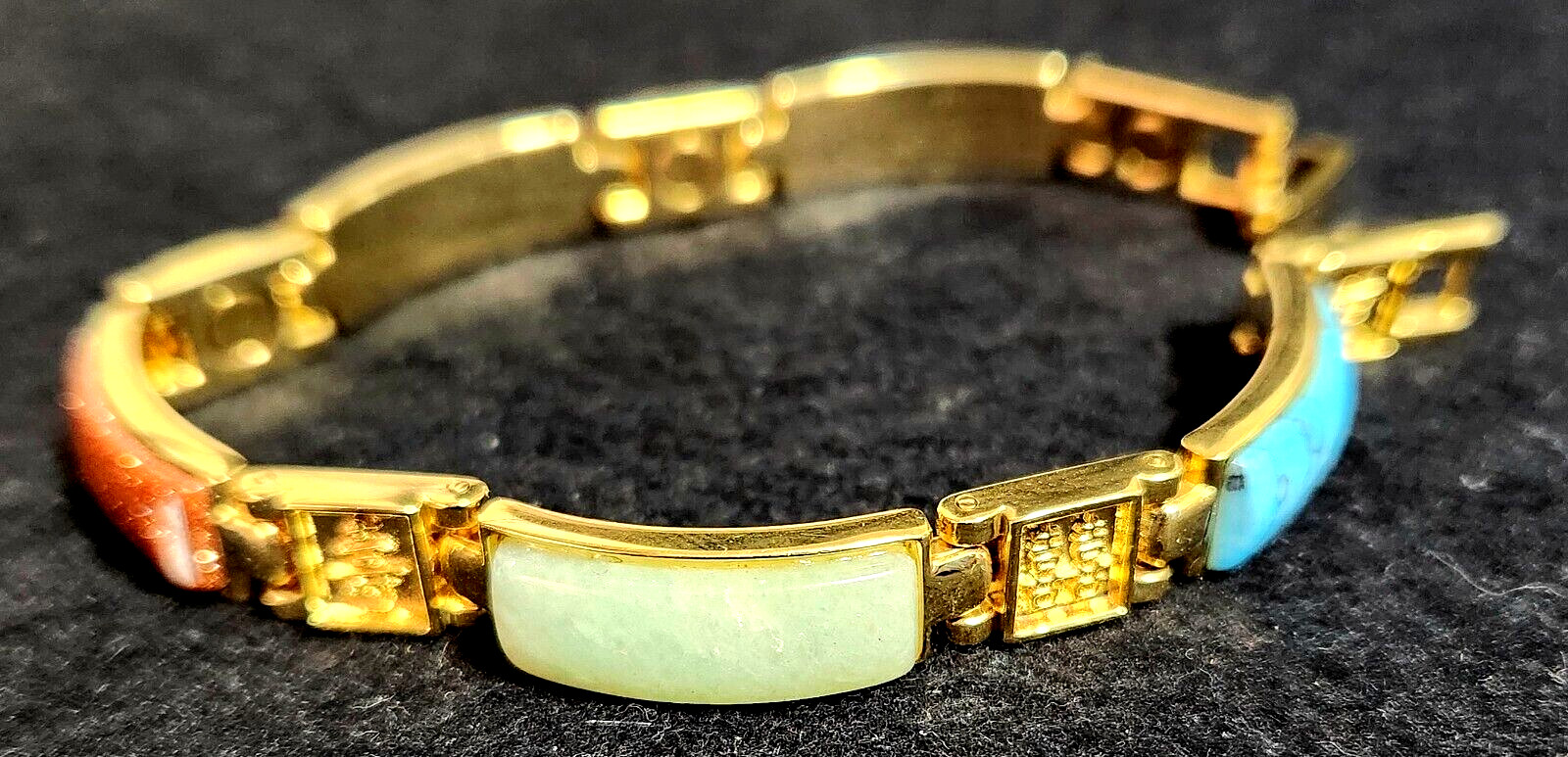 Vintage Chinese Jade Turquoise Tigers Eye Gold Tone Magnetic Link Bracelet 7.5″