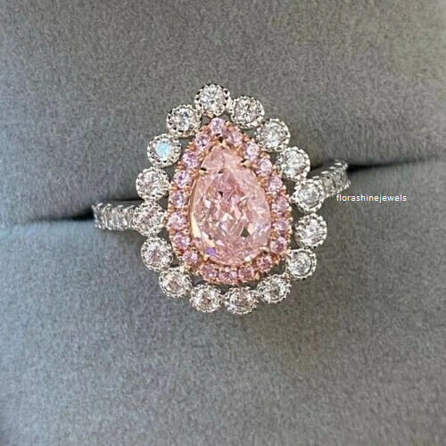 3.14 CT Pear Cut Pink Sapphire & White Shiny CZ Double Halo Engagement FN Ring