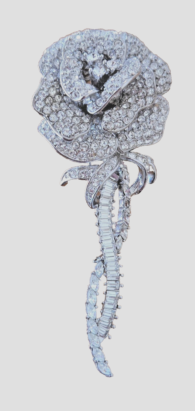 STUNNING VTG. NOLAN MILLER “SOPHIA” PAVE & BAGUETTE ROSE FLOWER BROOCH-Ltd. ED.