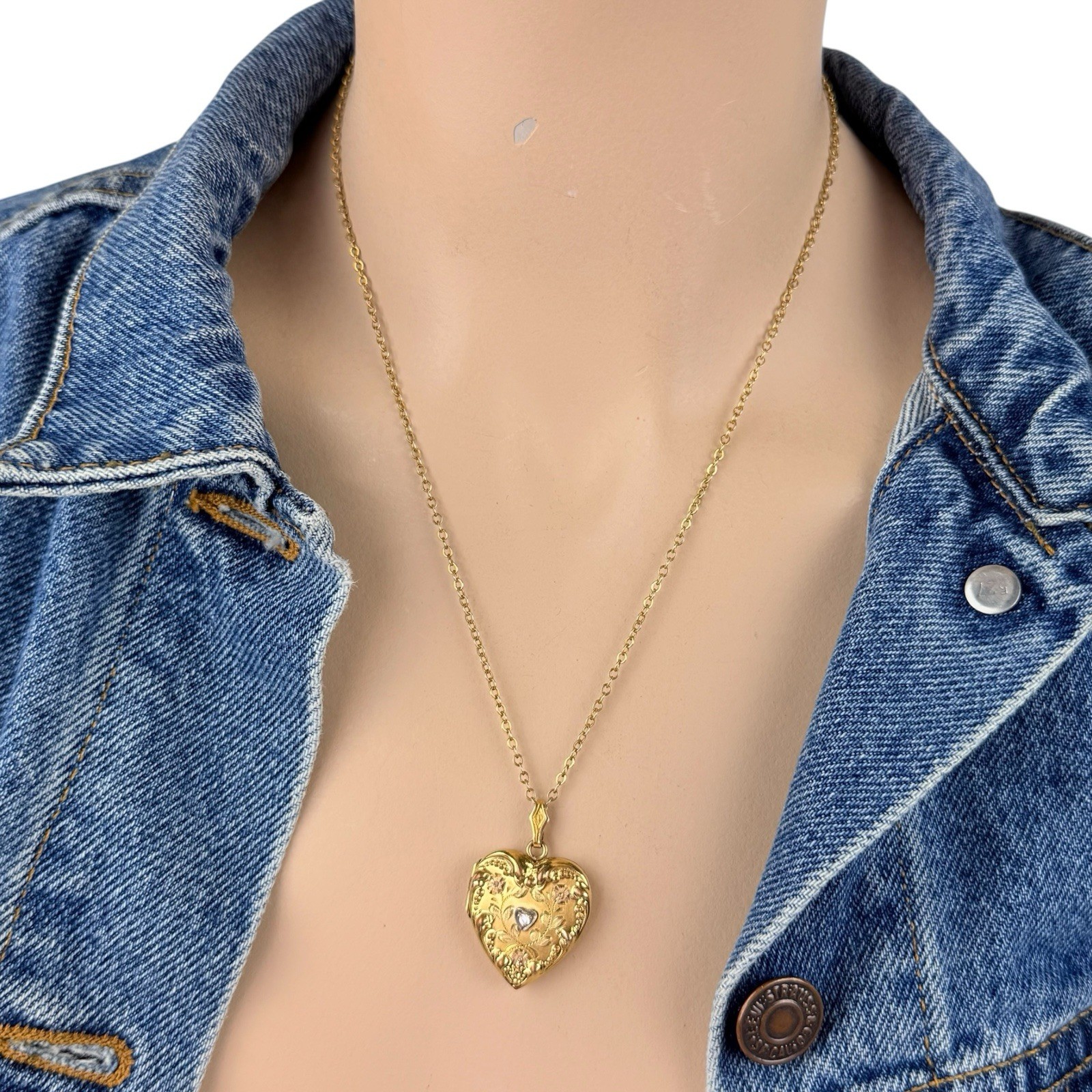 Antique Victorian Art Deco Gold Filled Diamond Heart Locket Pendant Necklace