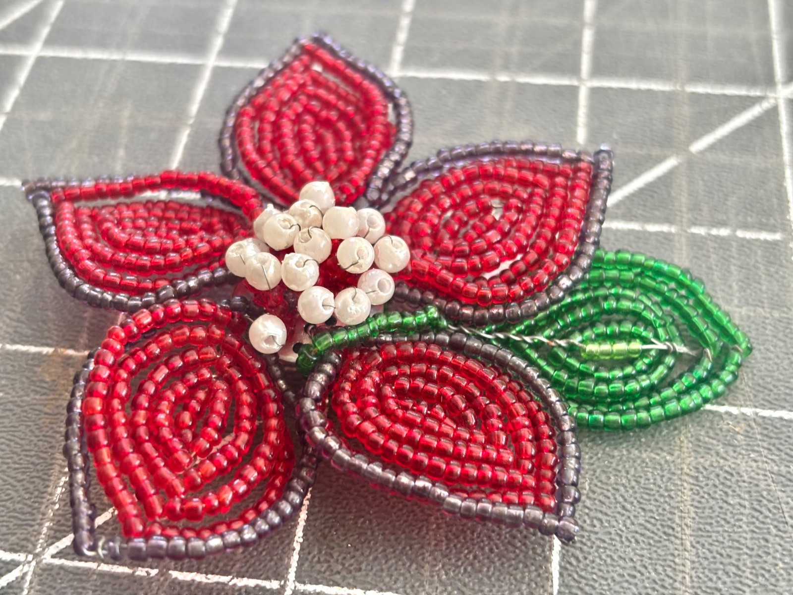 Sweet Hand Beaded Vintage Flower Brooch PIN with Green Leaf Details