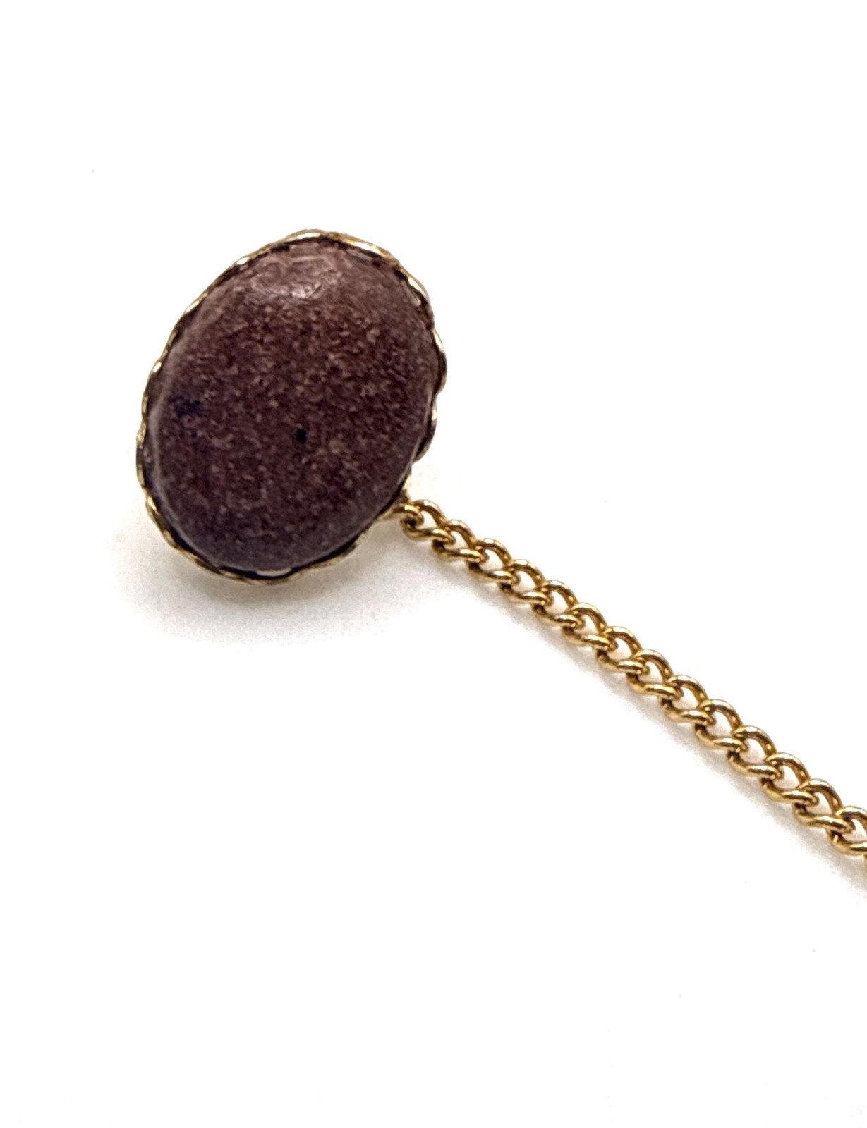 Vintage gold tone pink hue oval stone tie clip pin with chain