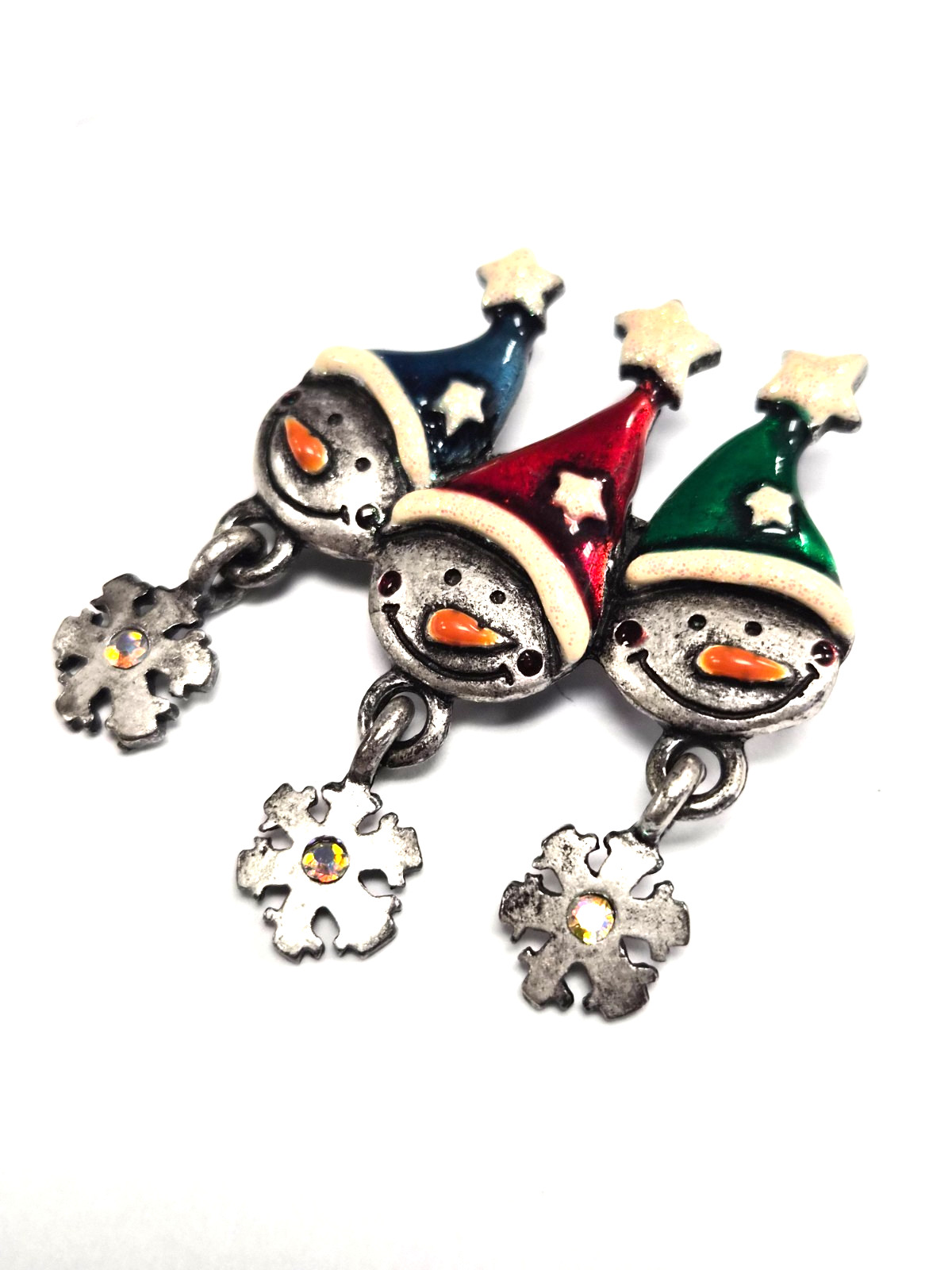 Vintage 90’s Signed AJMC Snowmen W/ Dangle Rhinestone Snowflakes Pin / Brooch