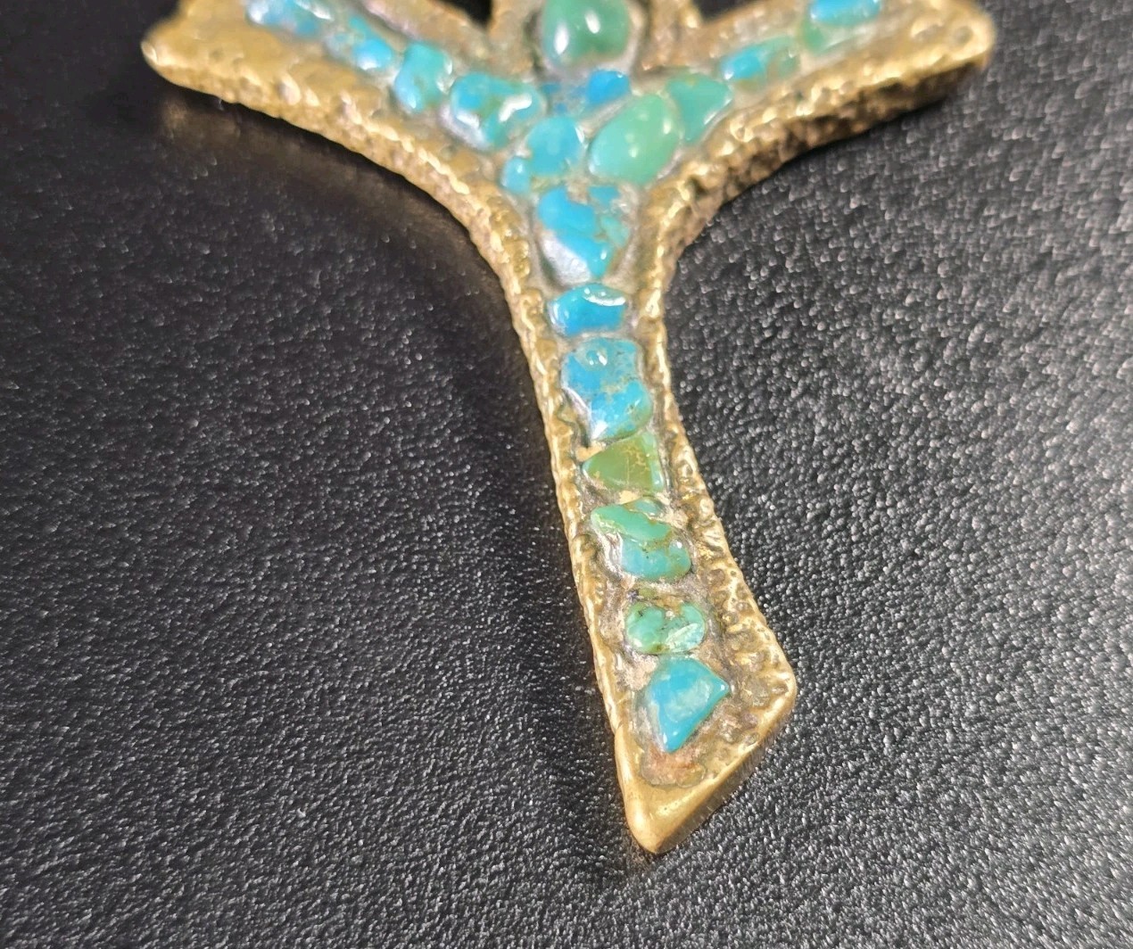 Vintage Mid-Century Brutalist Brass Turquoise Drop Pendant Necklace