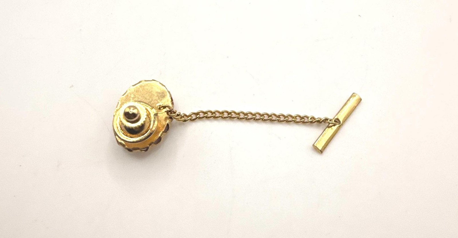 Vintage gold tone pink hue oval stone tie clip pin with chain