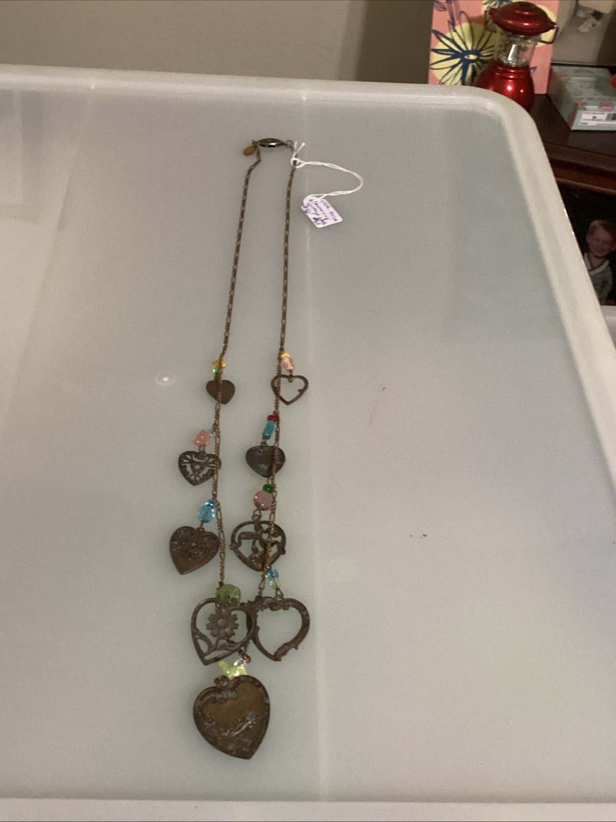 VTG Glass Works Studio G.W.S Signed Multi Color Glass Hearts Charm Long Necklace