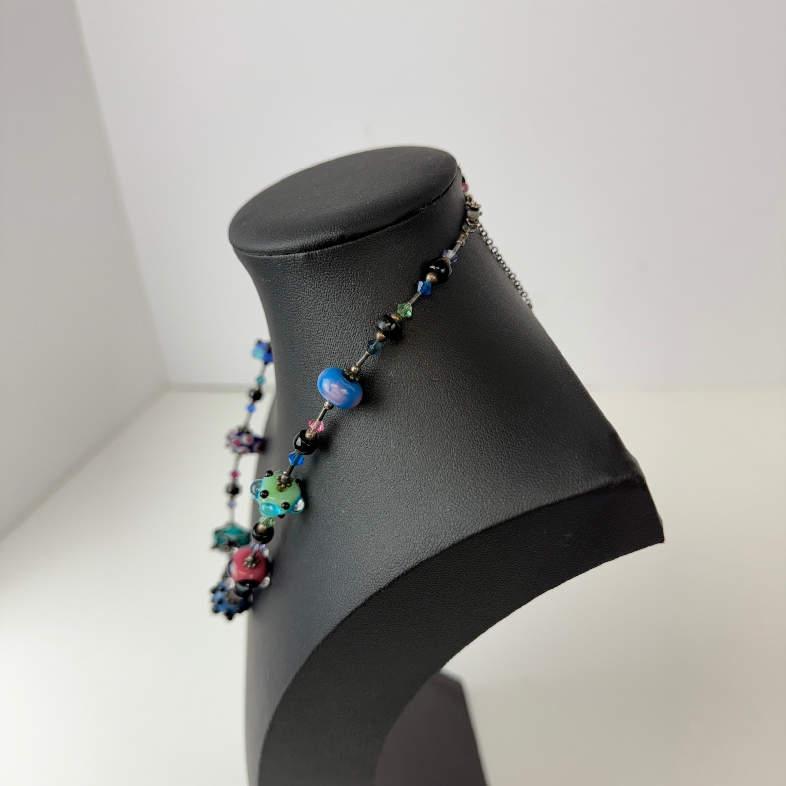Vintage Art Lampwork Glass Swirl Beaded Necklace 925 Sterling Silver Polka Dot