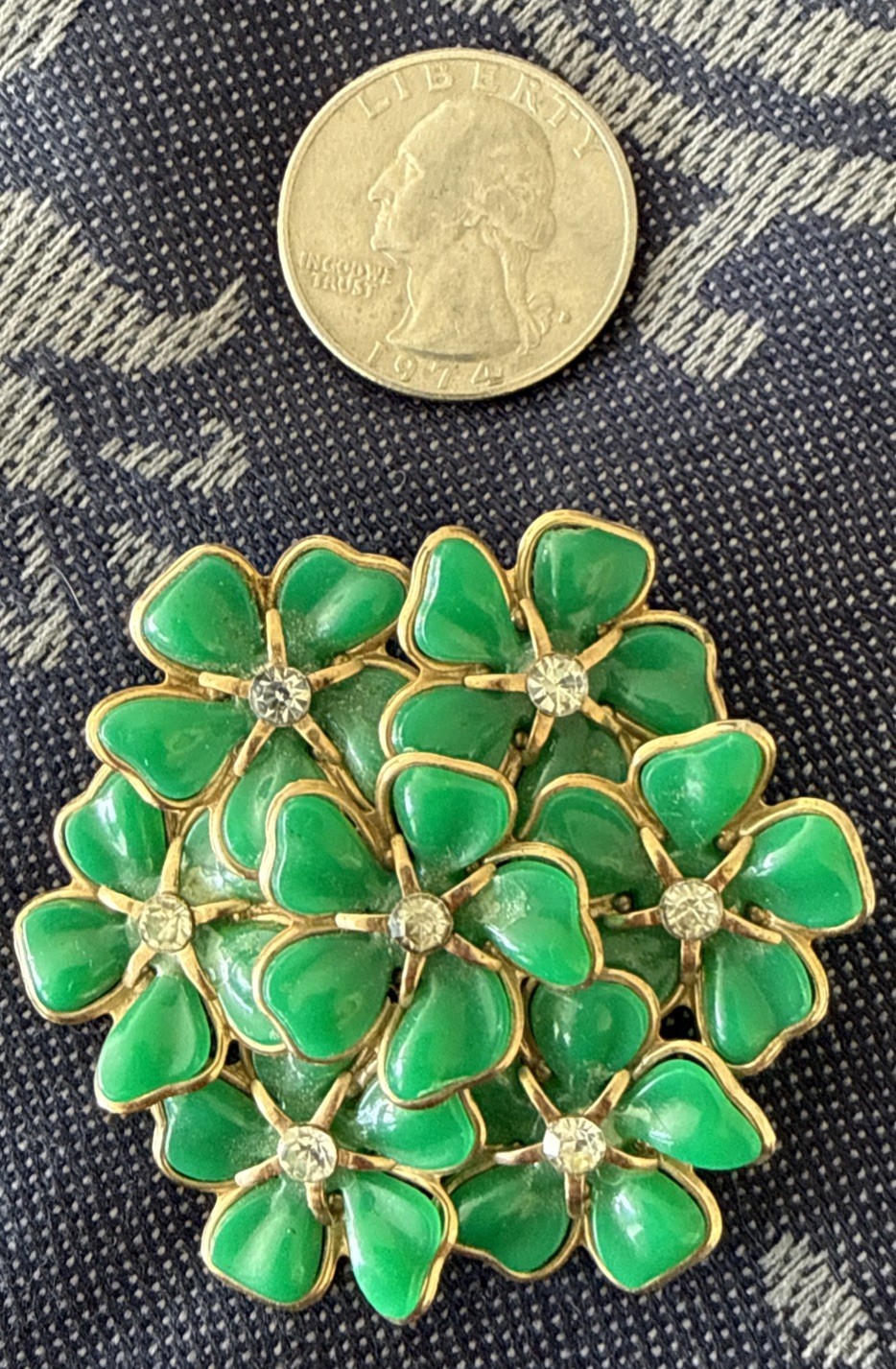 Rare Vintage Green Floral Cluster Brooch Pin W/rhinestone Accents Unsigned