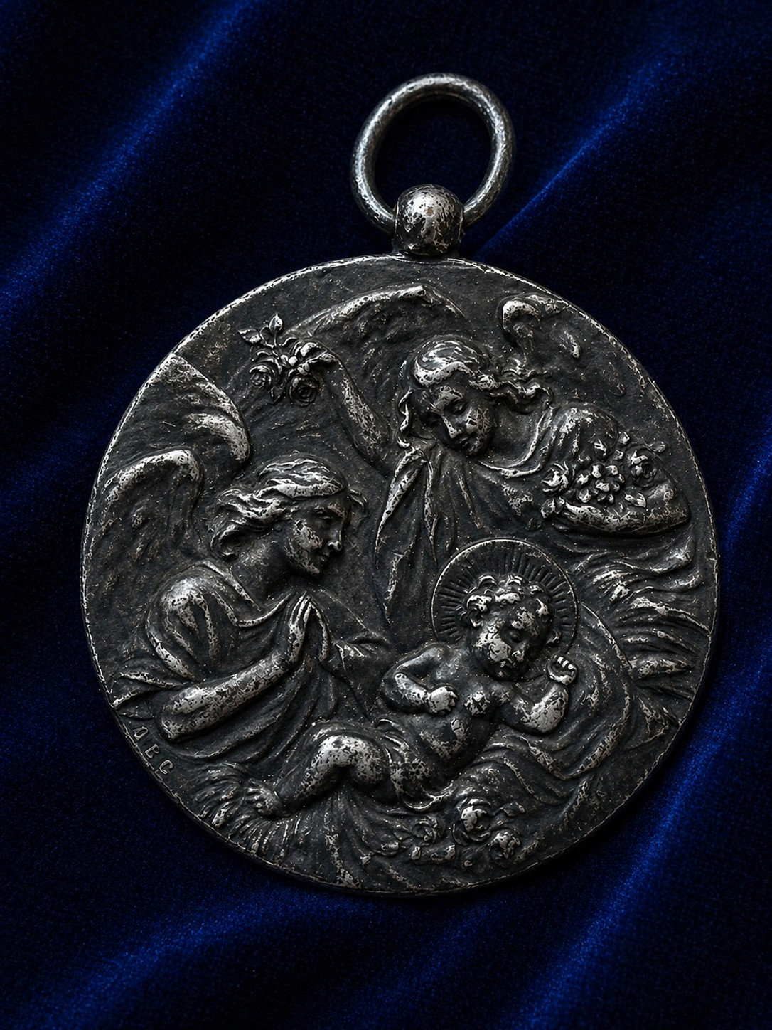 Large Antique Solid Silver Religious Medal Virgin Mary Angel Scene 19thC French