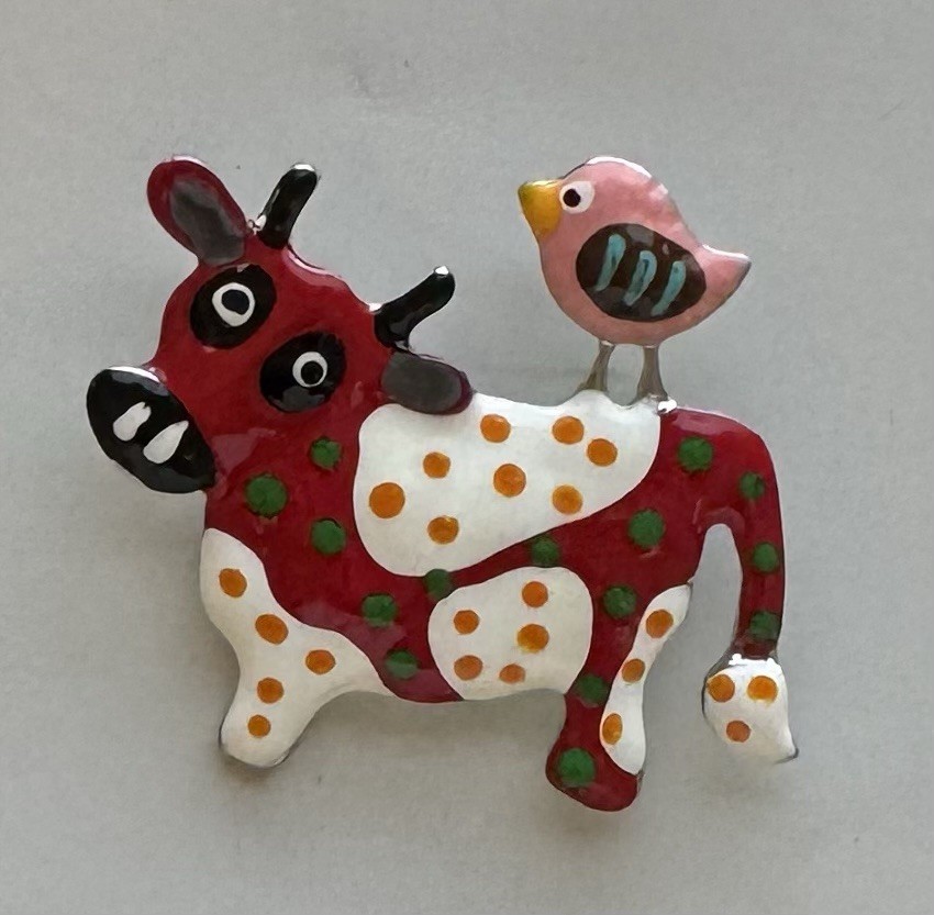 Enamel Cow / bird Brooch Pendant/ Enamel On Silver Tone Metal