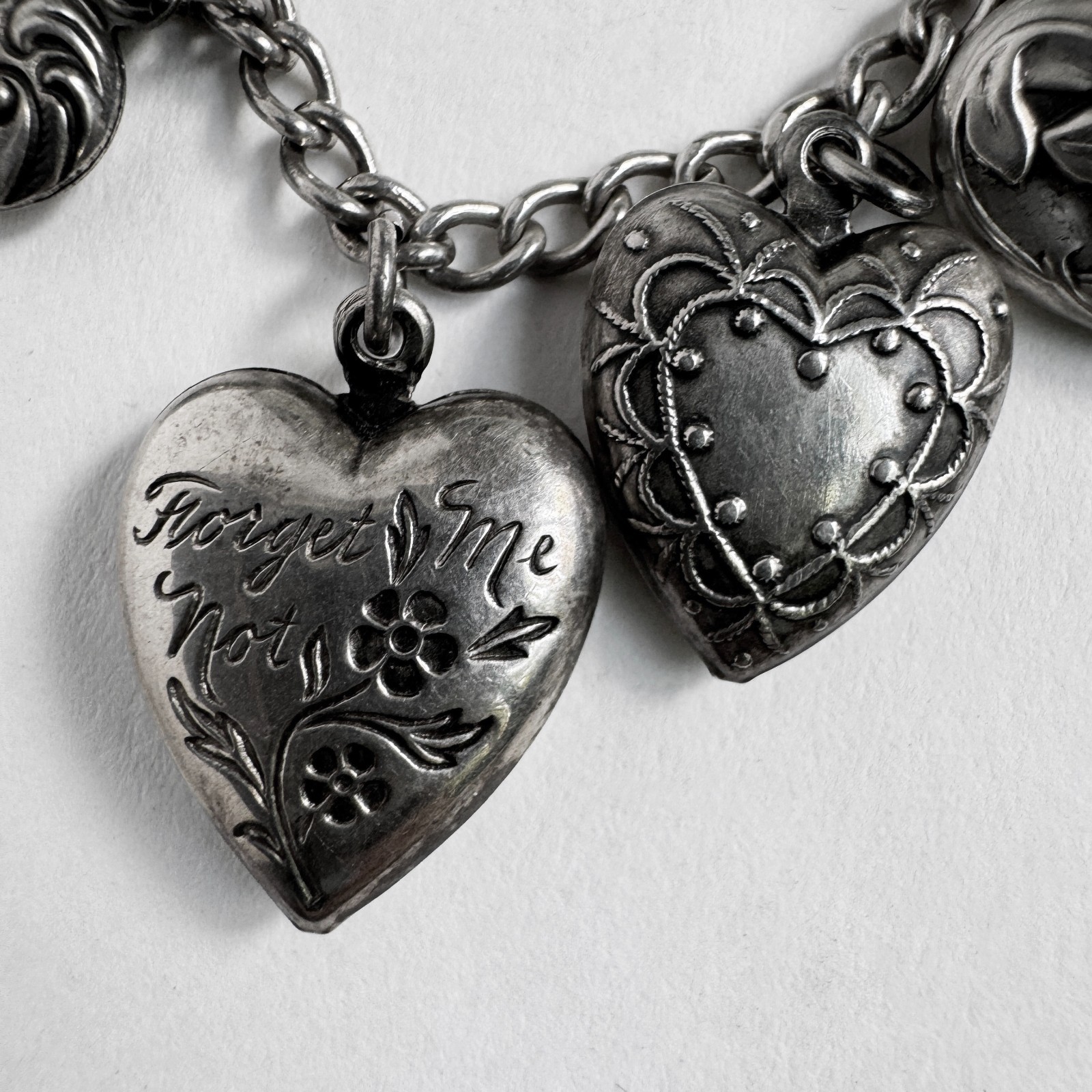 Vintage WWII Sterling Silver 925 Puffy Heart Sweetheart Bracelet w/ 14 Charms