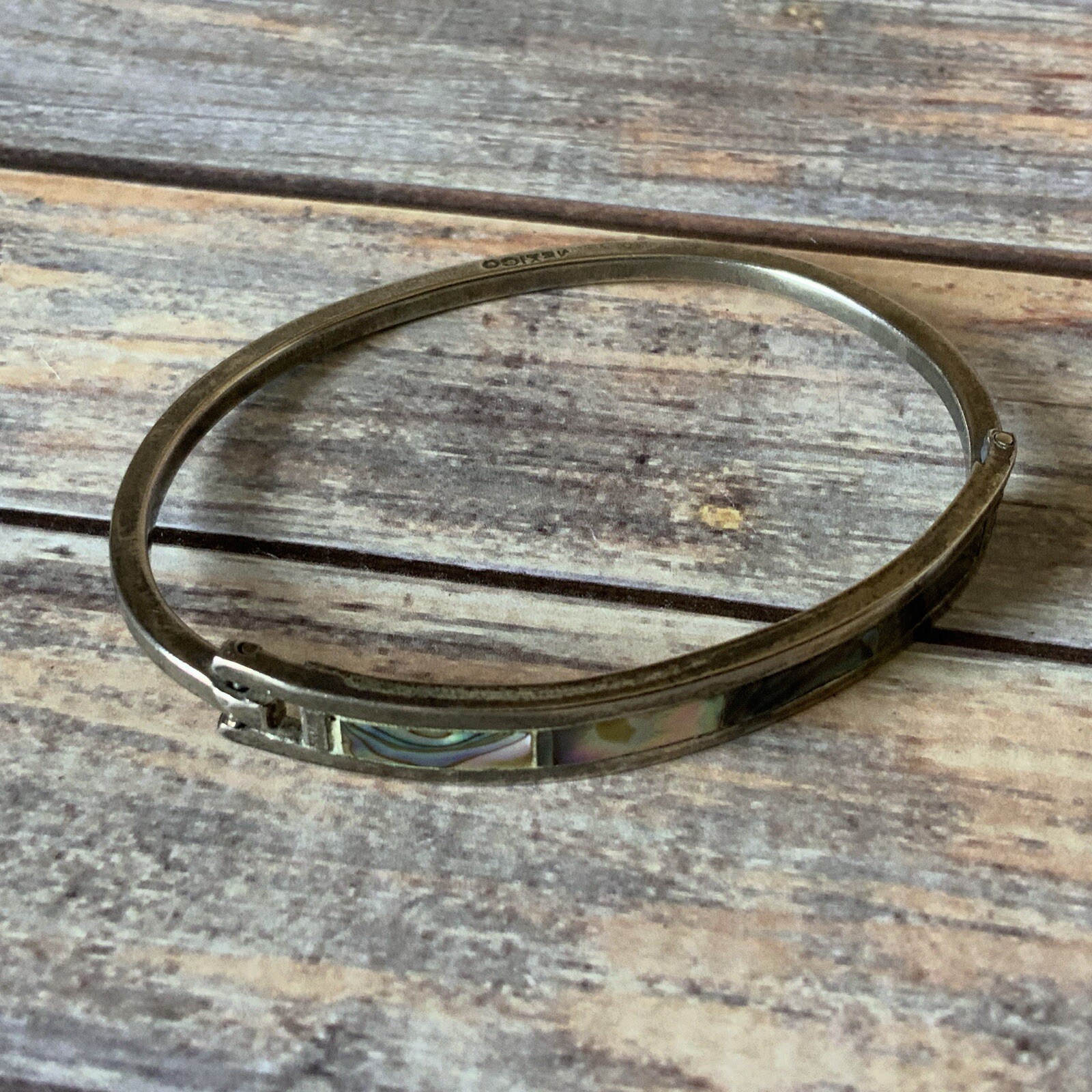 Made in Mexico abalone shell hinged tension bangle bracelet Mexican silver