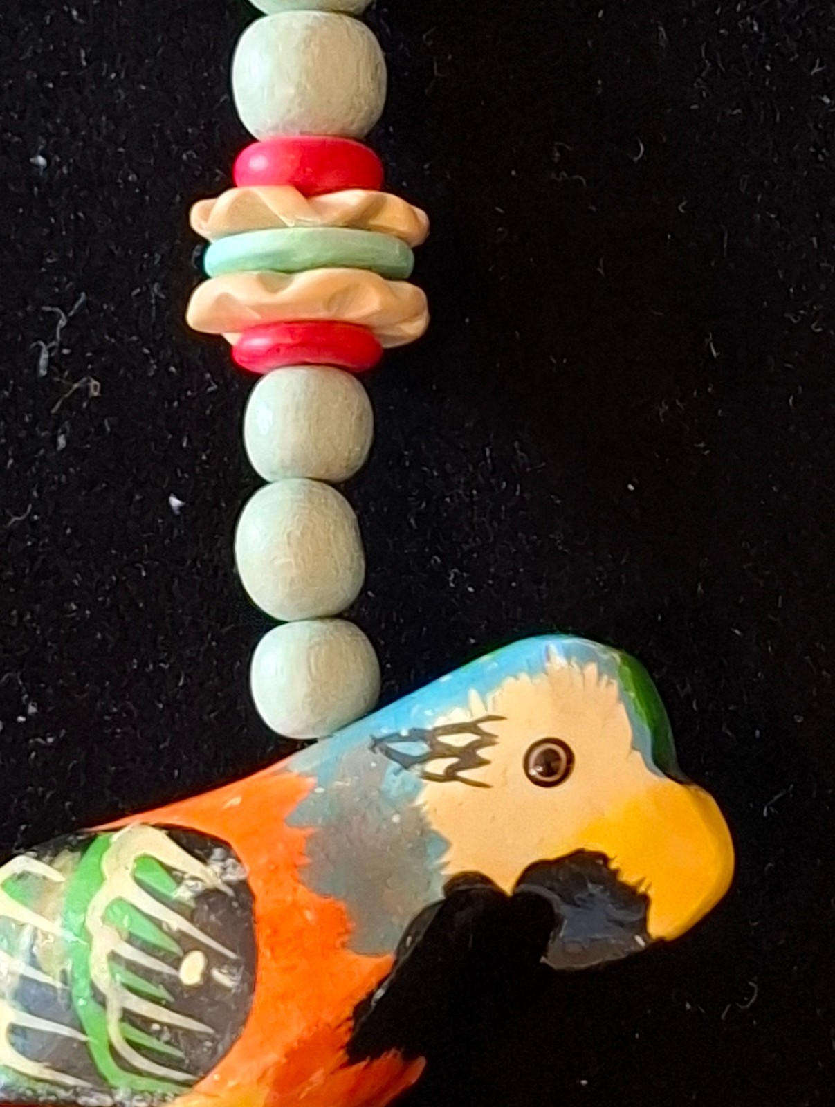 Vintage Tropical Jewelry Hand-Carved Parrots, Wood Beads, Seeds Necklace