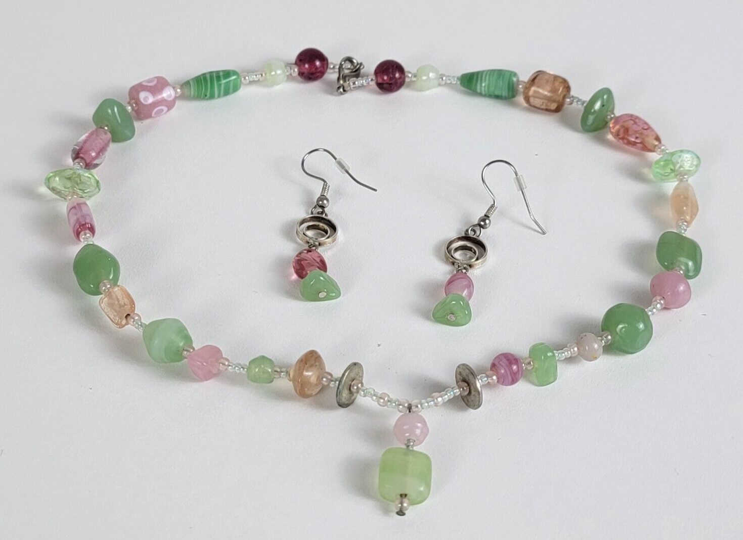 Vintage Pastel Pink And Green Glass Wire Beaded Necklace And Earrings Set 17″