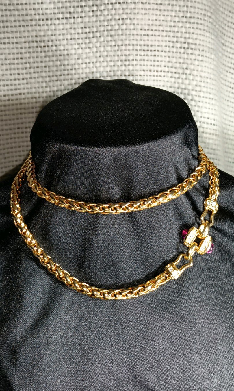 VTG Nolan Miller Chunky Red Cabochon Gold Tone Long Spiga Wheat Chain Necklace