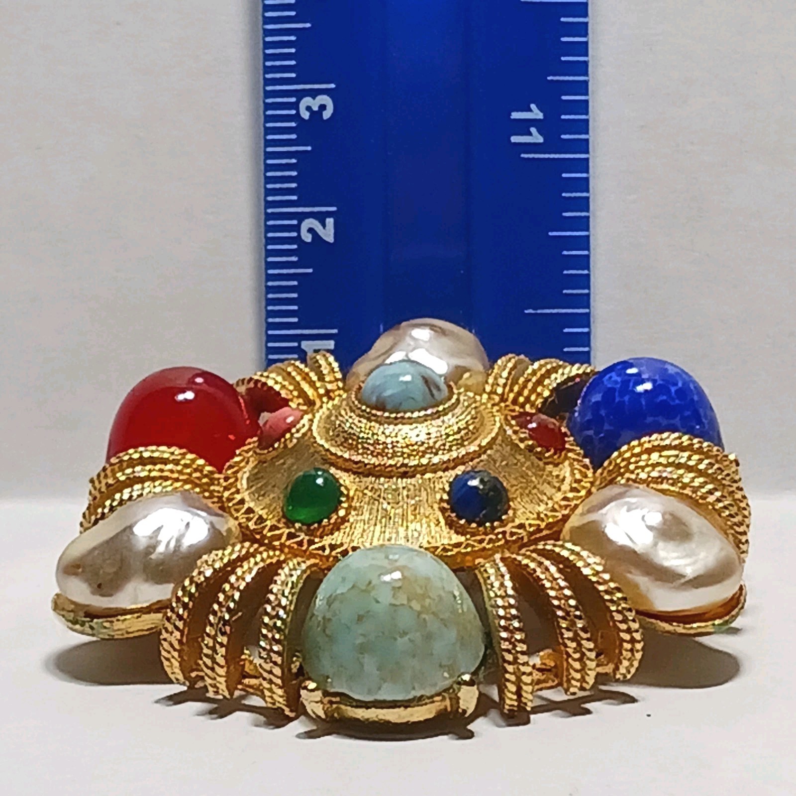 Brooch Ruby Sapphire Turquoise Cobochons Baroque Faux Pearls GT Vintage Signed