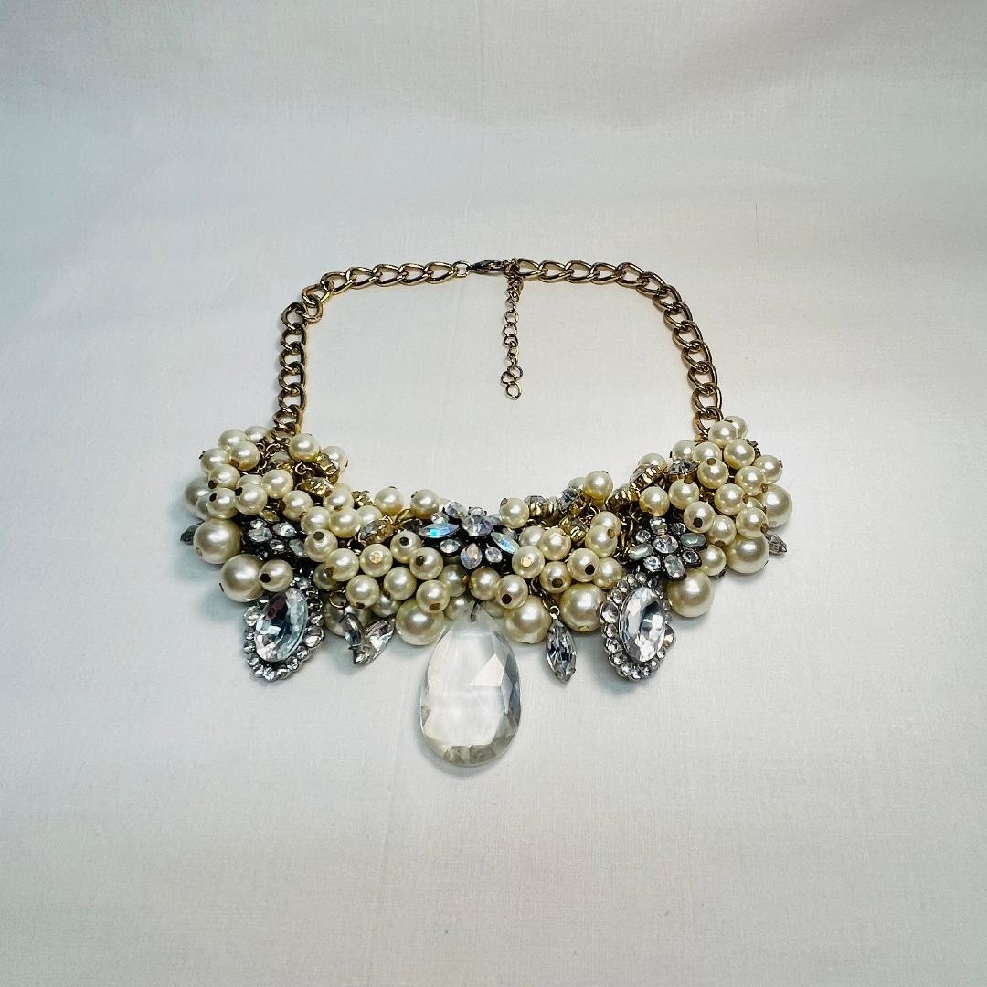 VTG 18″ Rhinestone Faux Pearls Choker Collage Gold-Tone Chain Lobster Claw Clasp