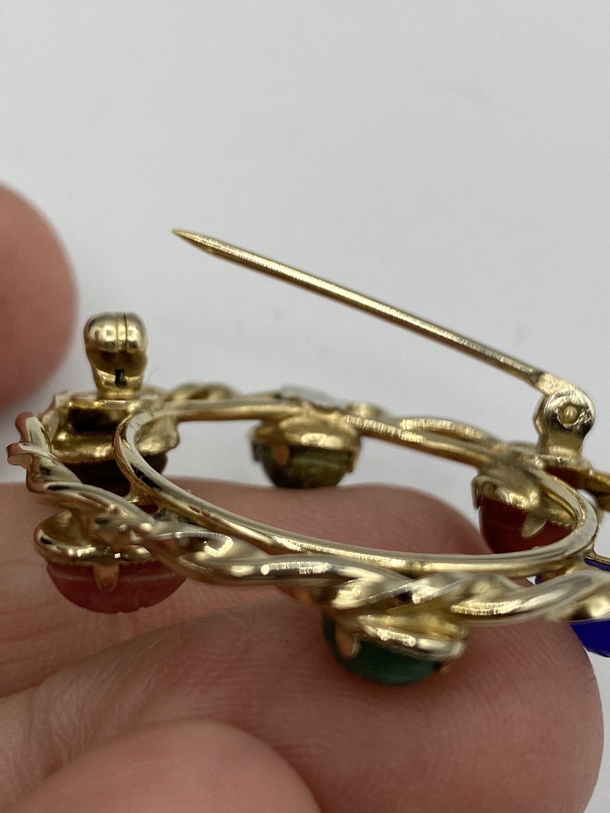 DIXELLE Brooch Signed SCARAB GEMSTONE ROUND PIN 1/20 12K GOLD FILLED 1 1/4″