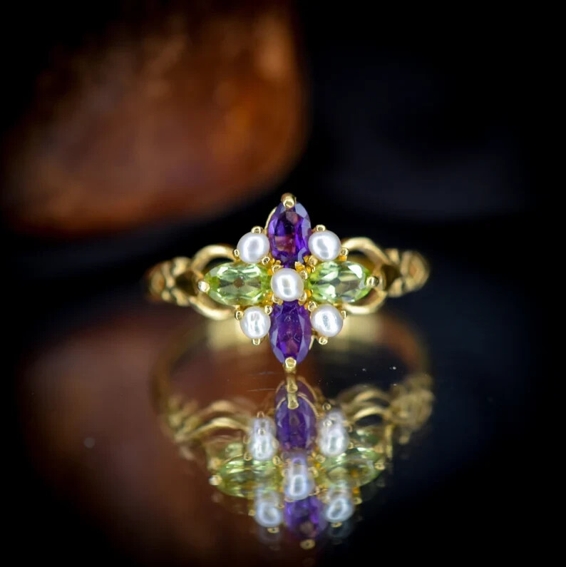 Suffragette Cluster Ring Natural Peridot Amethyst Pearl 14k Yellow Gold Finish