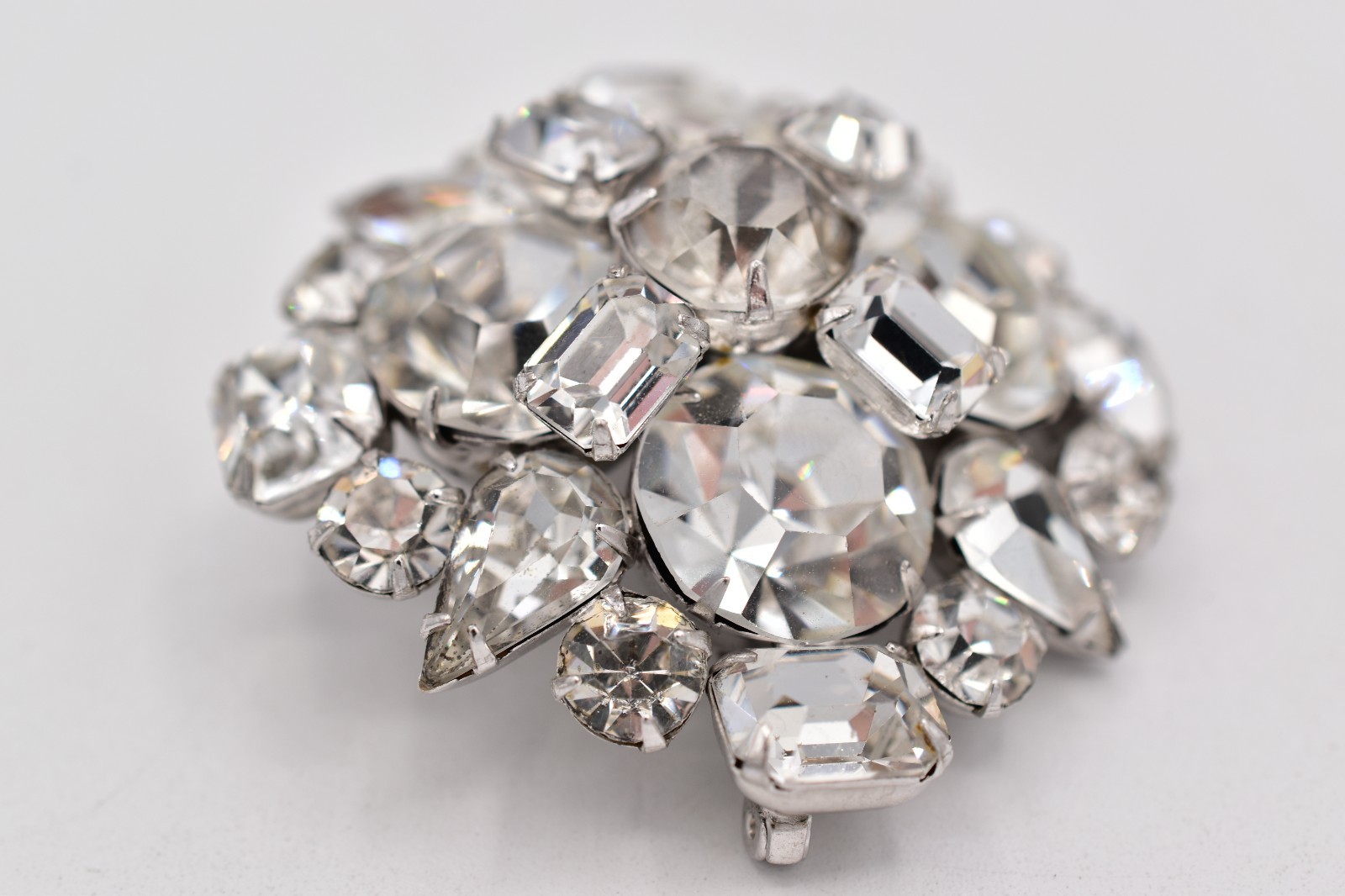 Vintage Clear Rhinestone Cluster Brooch Pin Silver Prong Baguette Crystal BinBP
