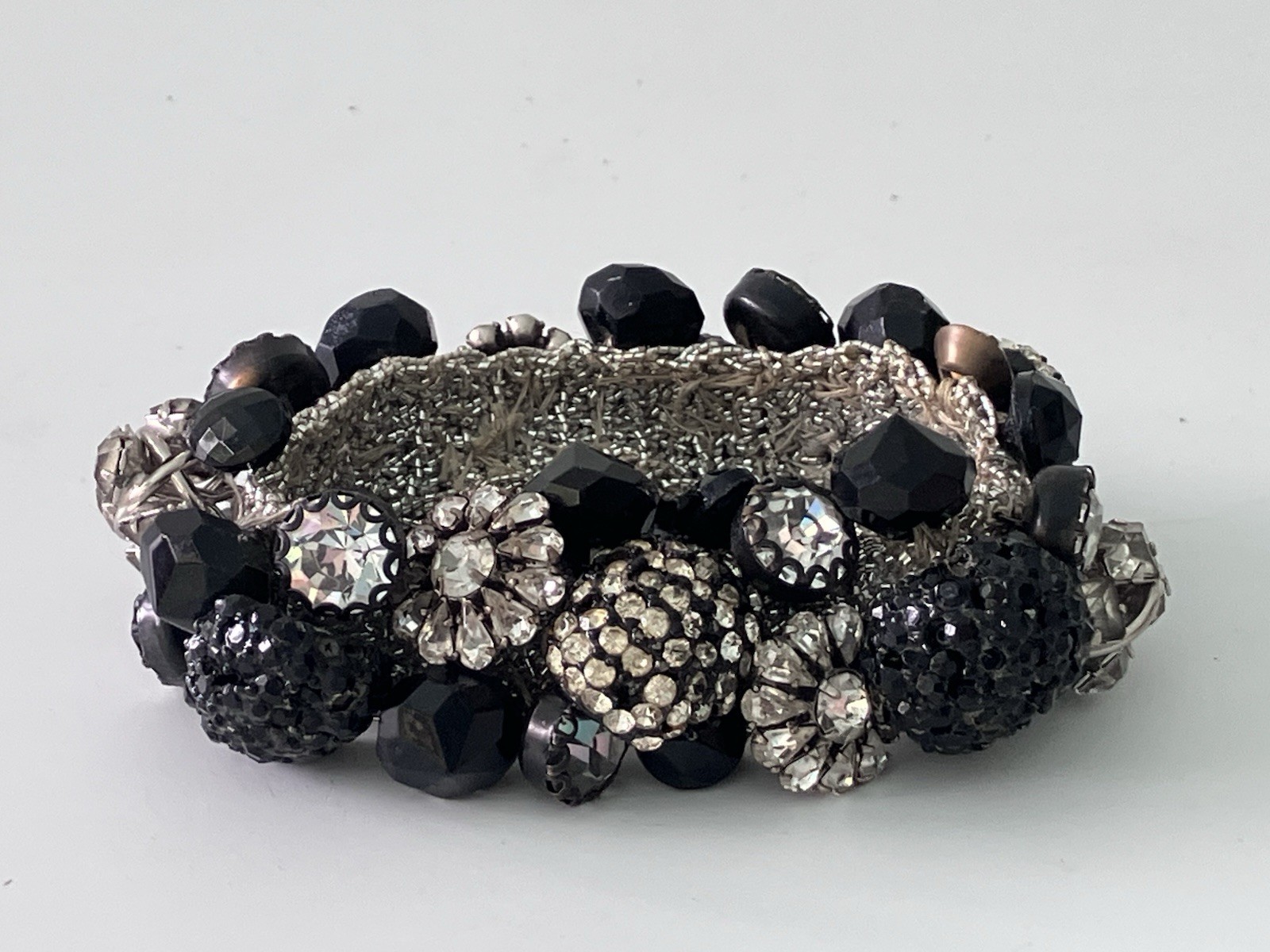 Vintage Black Button Bracelet With Rhinestone & Glass Buttons Stretch Band VGC