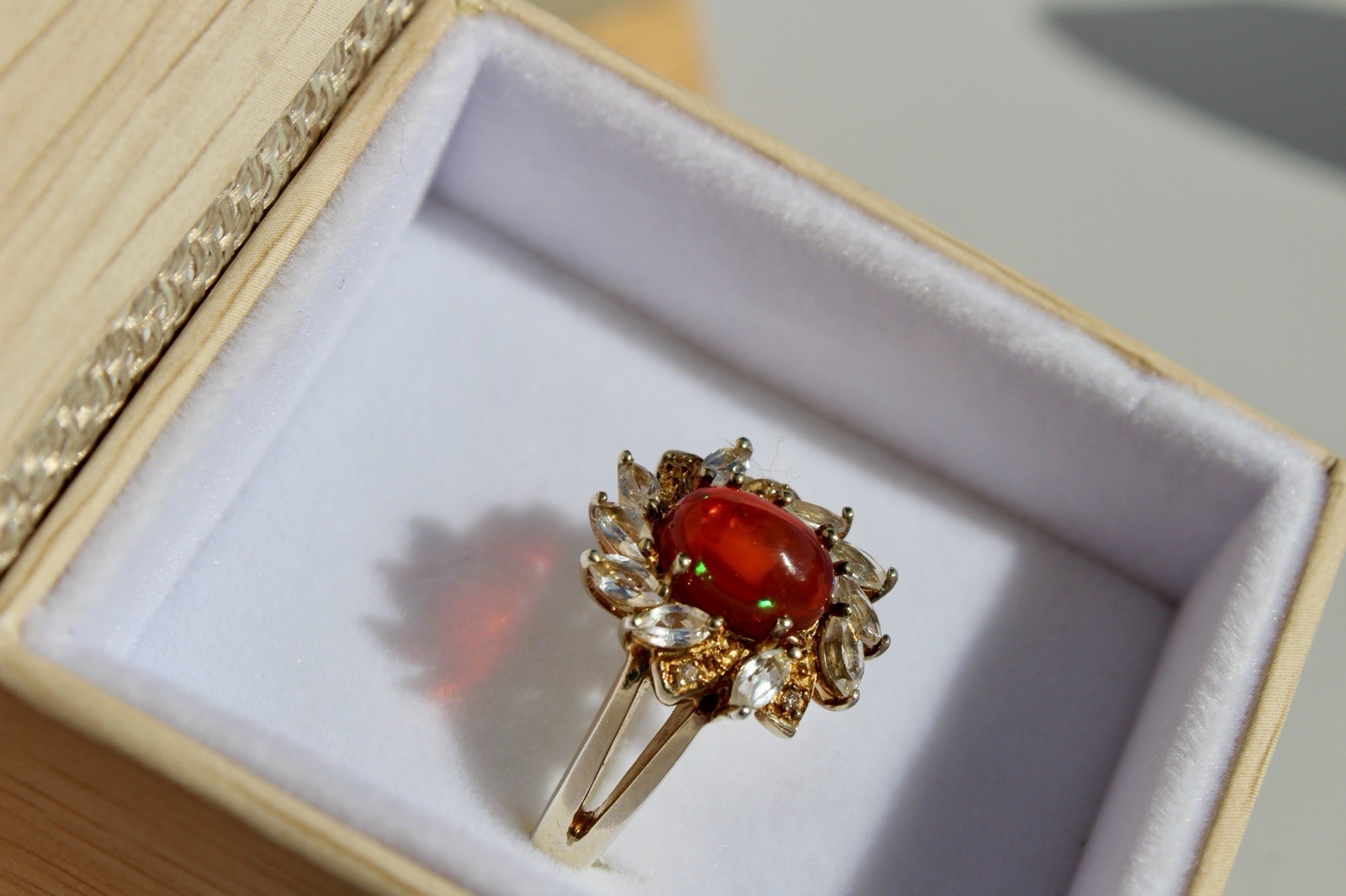 Antique Opalescent Amber Cabochon & Spinel Ring, 2 Carats 9K Gold