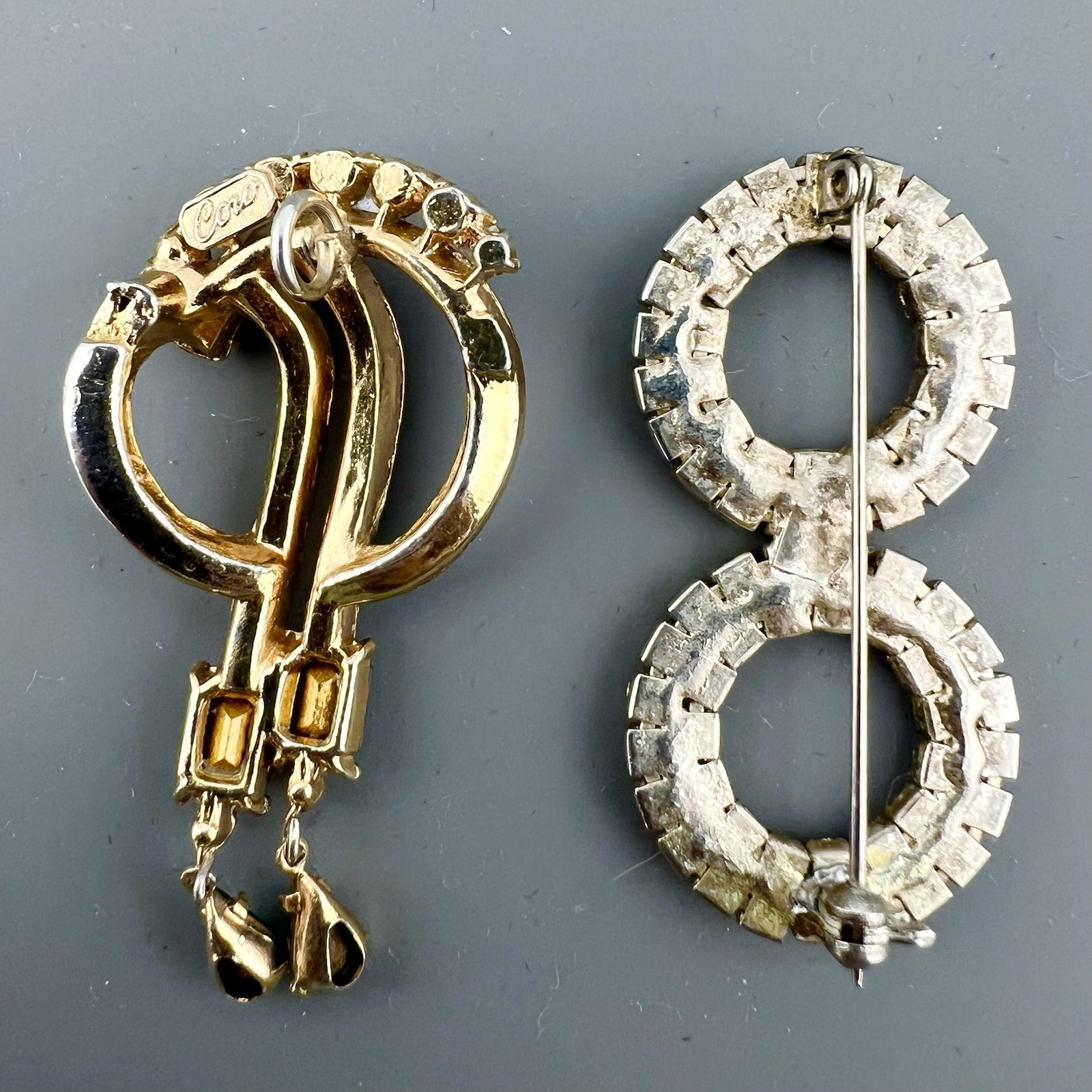 Vintage Brooch Lot Rhinestone Dangle Green Circle Abstract Gold Tone Coro Signed