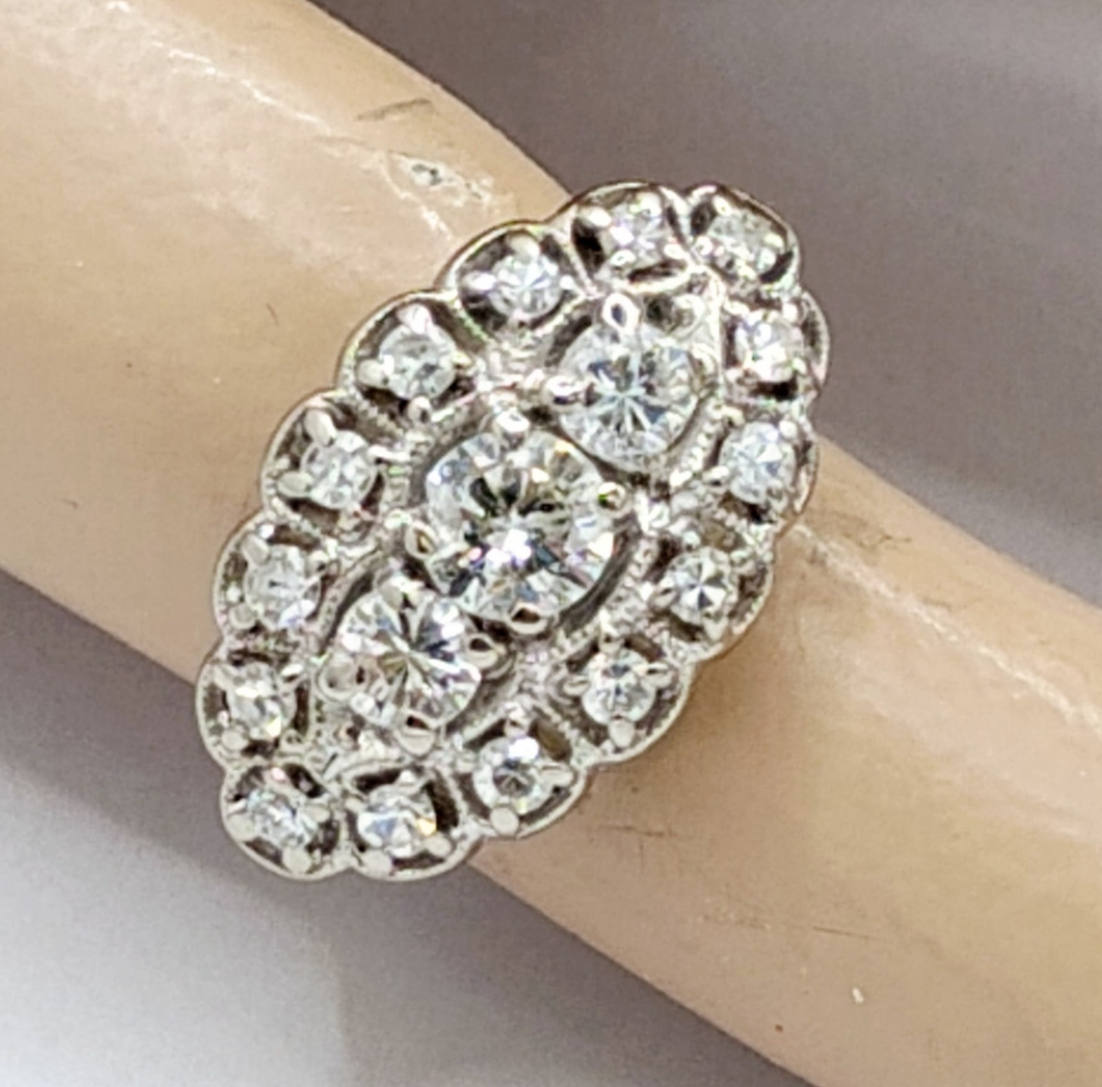 $7,500 1.00ctw ANTIQUE 3-STONE HALO WOMANS 14K WHITE GOLD THREE ROW DIAMOND RING