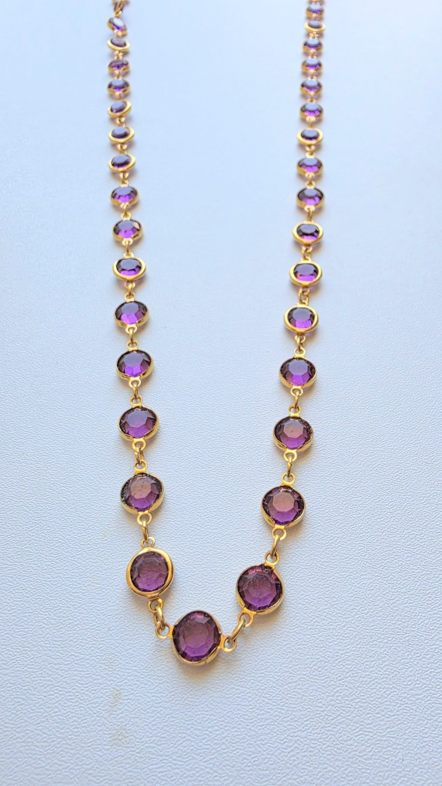 Vintage Purple Amethyst Austrian Crystal USA Necklace 34″ Gold Tone Open Bezel