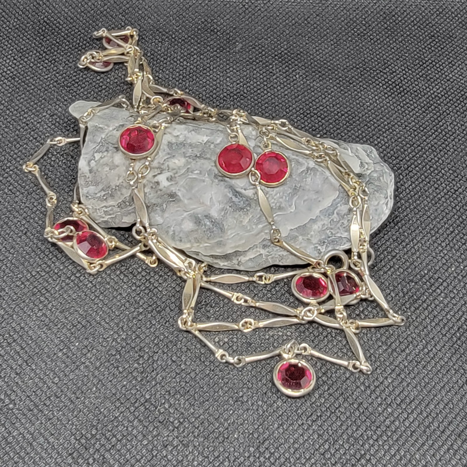 Vintage Gold Tone Red Resin Station Necklace Bezel Set Dangle Link
